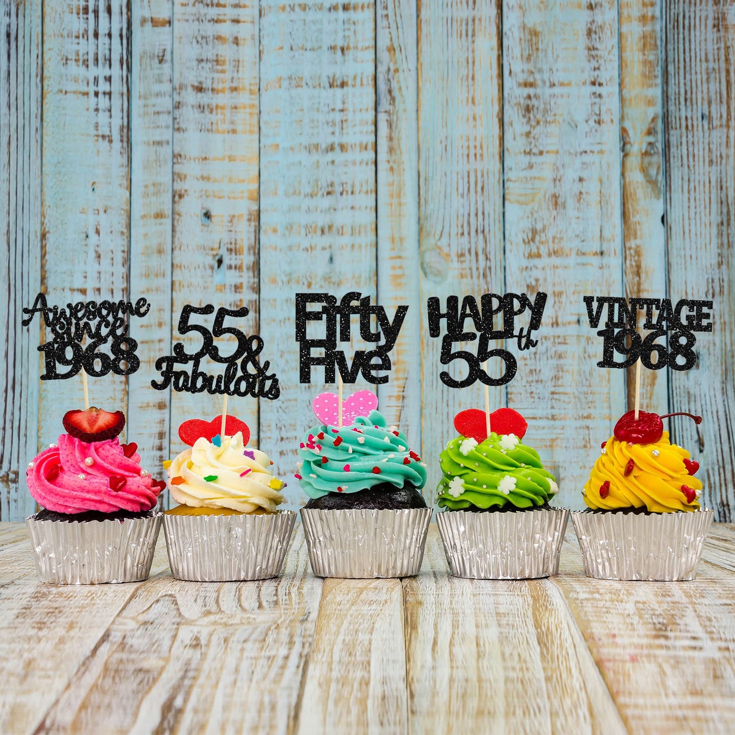 Gyufise 30 Pack Black Glitter Vintage 1968 Cupcake Toppers Glitter 55 Fabulous Happy 55 Cheers to 55 Years Birthday Cupcake Pick