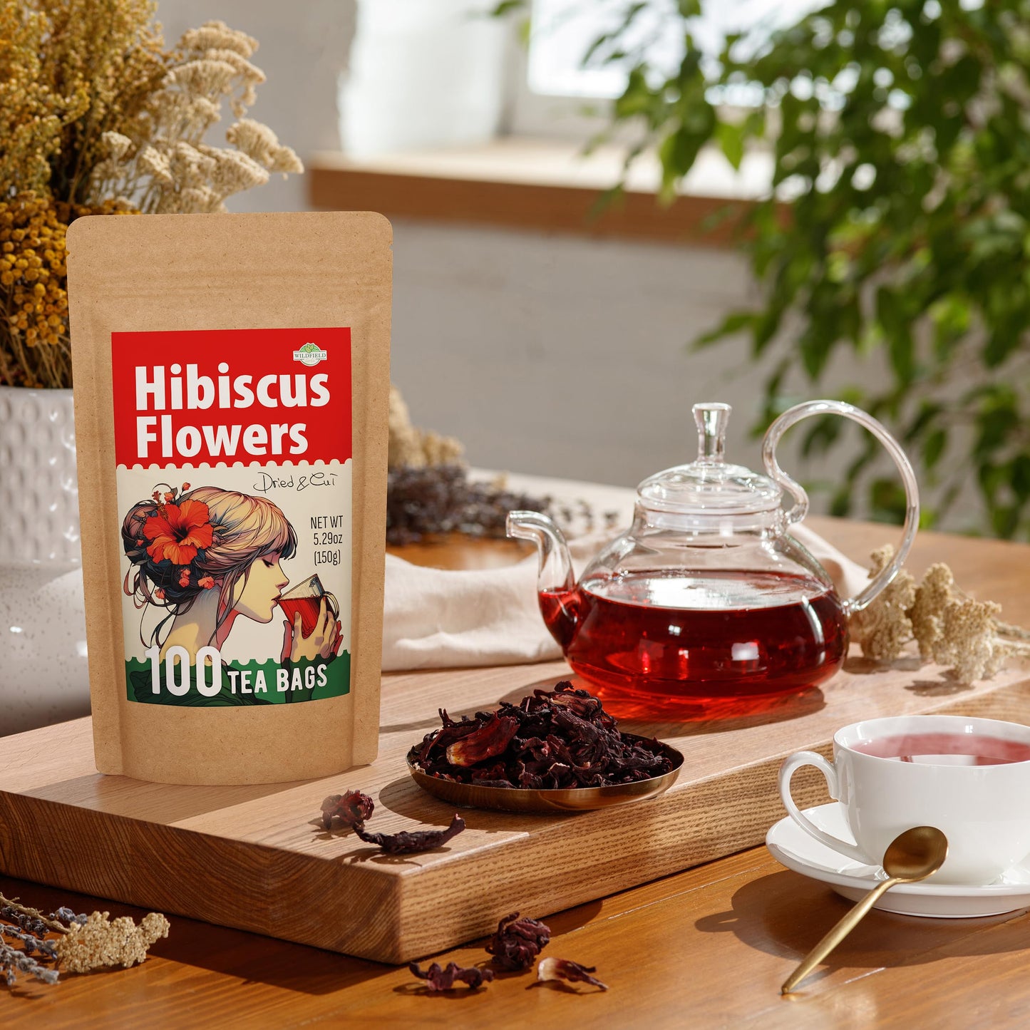 WILDFIELD HERBS Dried Hibiscus Flower Tea - 100 Tea Bags, 1.5g Each, Herbal Flor De Jamaica