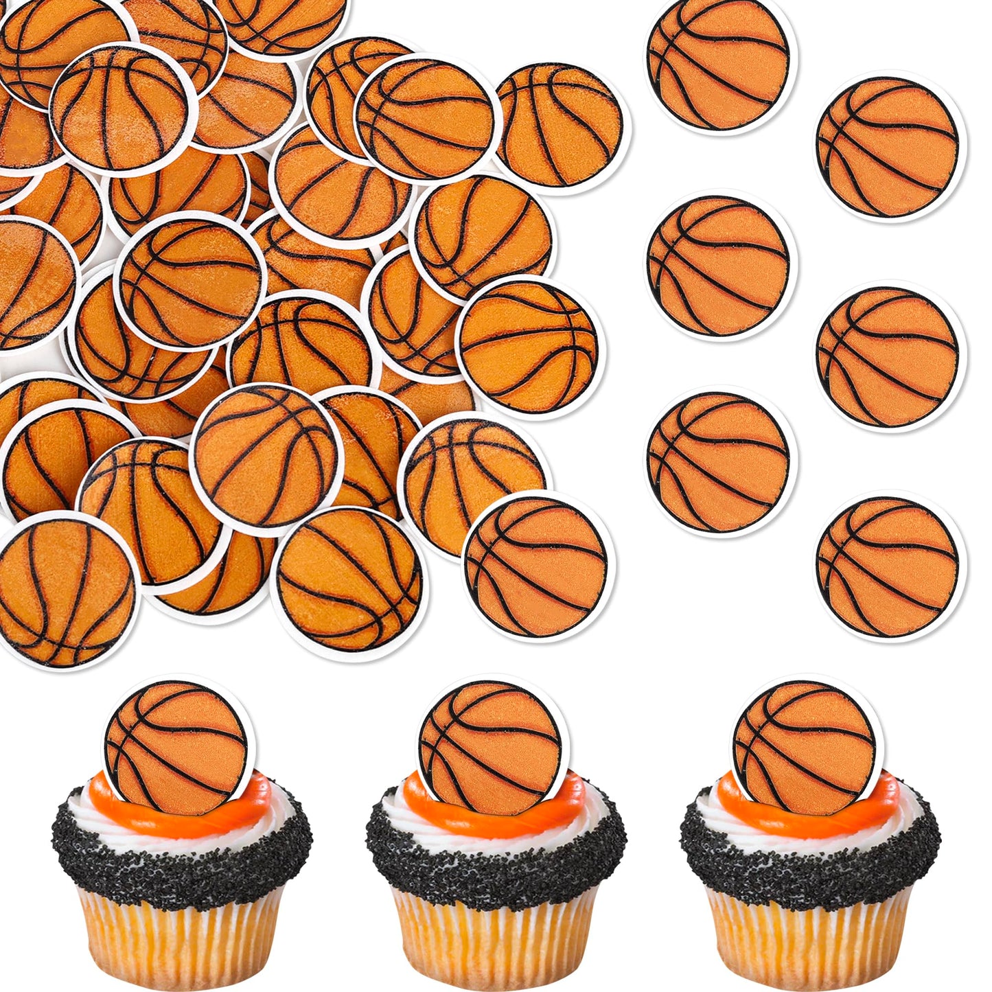Rsstarxi 48 Pack Edible Basketball Cupcake Toppers - 1.3x1.3 inches - Sports Ball Decorations for Baby Shower Birthday Party