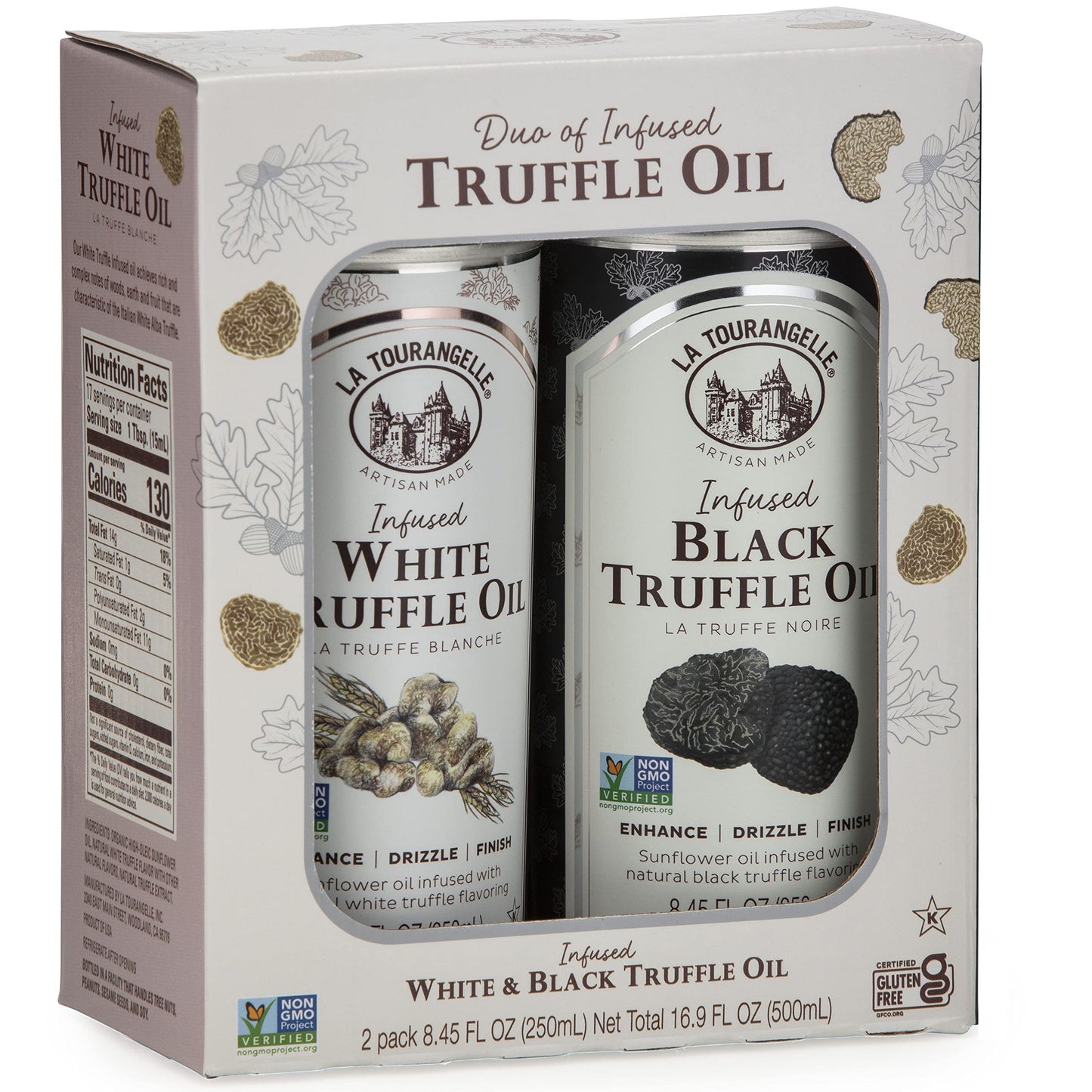 La Tourangelle White Truffle Oil & Black Truffle Oil Set, Complex Gourmet Earthy Flavor For Drizzling Over Pasta, Popcorn, Vegetables, Potatoes, Soup And More, Gift Box, 8.45 Fl Oz Each (Set Of 2)