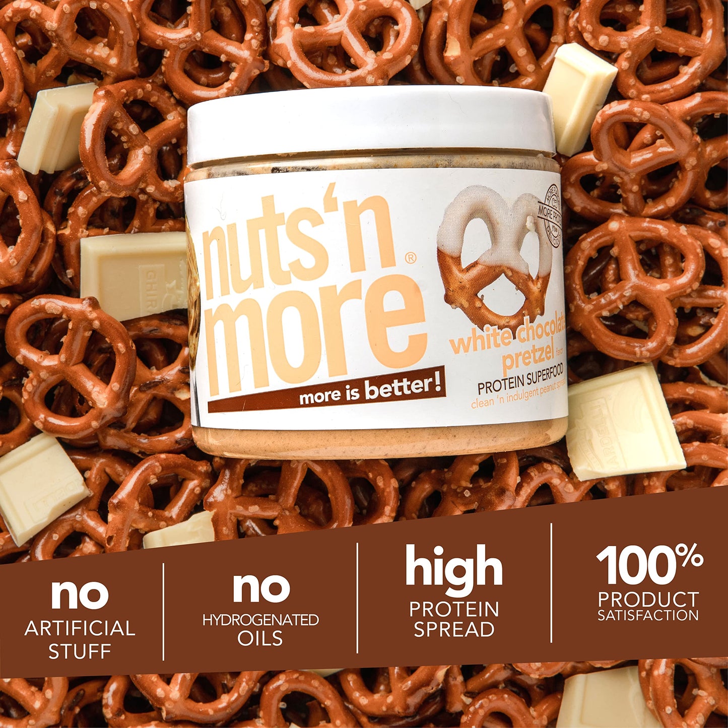Nuts N More White Chocolate Pretzel Peanut Butter Spread, Added Protein All Natural Snack, Low Carb, Low Sugar, Non-Gmo, High Pr