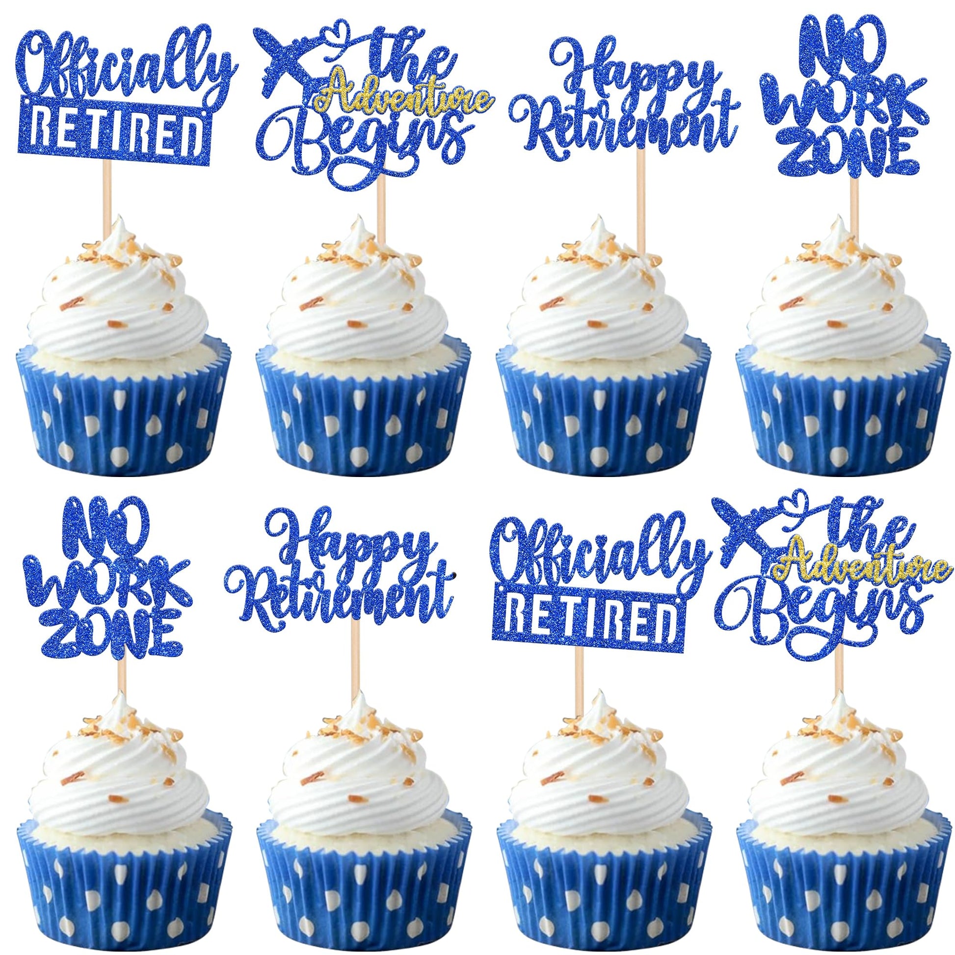 Rsstarxi Cupcake Toppers, 24 Pack Retirement Decoration, Glitter No Work Zone, Paper, 2.8 x 4.4 inches, Design 3 Blue