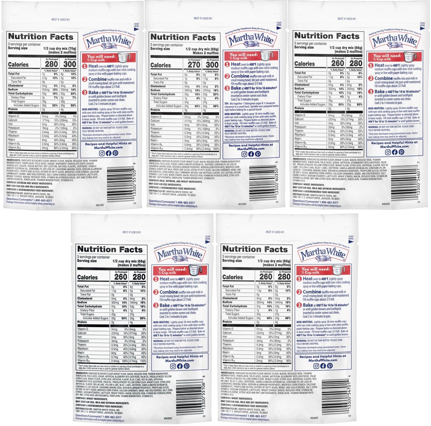 Martha White Muffin Mix Sampler Variety Pack, 12 Count, Includes Chocolate Chip, Blueberry, Strawberry, Cinnamon Sugar, Wildberry, 7 Ounce