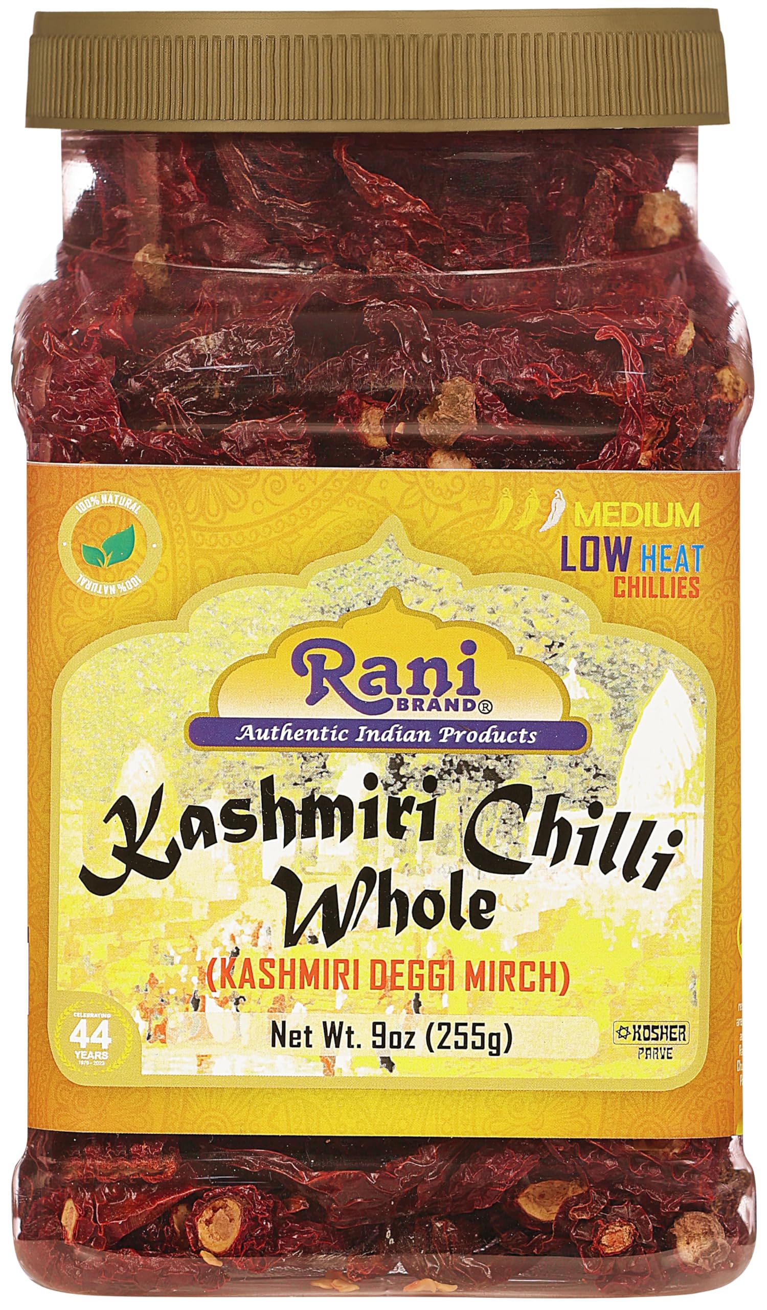 Rani Kashmiri Chilli Whole (Deggi Mirch, Low Heat) 9Oz (255G) Pet Jar ~ Natural | Salt-Free | Vegan | No Colors | Gluten Friendly | Non-Gmo | Kosher | Indian Origin