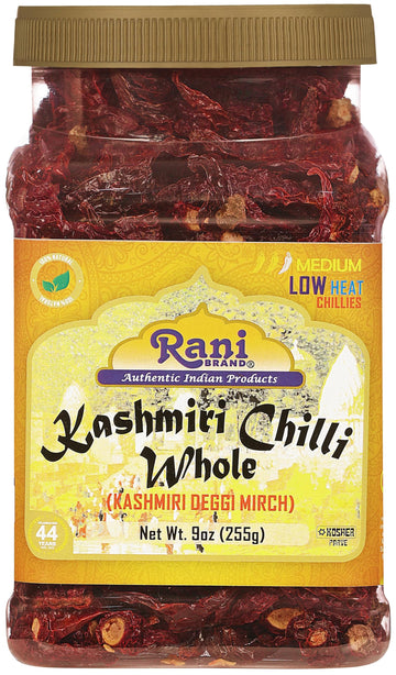 Rani Kashmiri Chilli Whole (Deggi Mirch, Low Heat) 9Oz (255G) Pet Jar ~ Natural | Salt-Free | Vegan | No Colors | Gluten Friendly | Non-Gmo | Kosher | Indian Origin