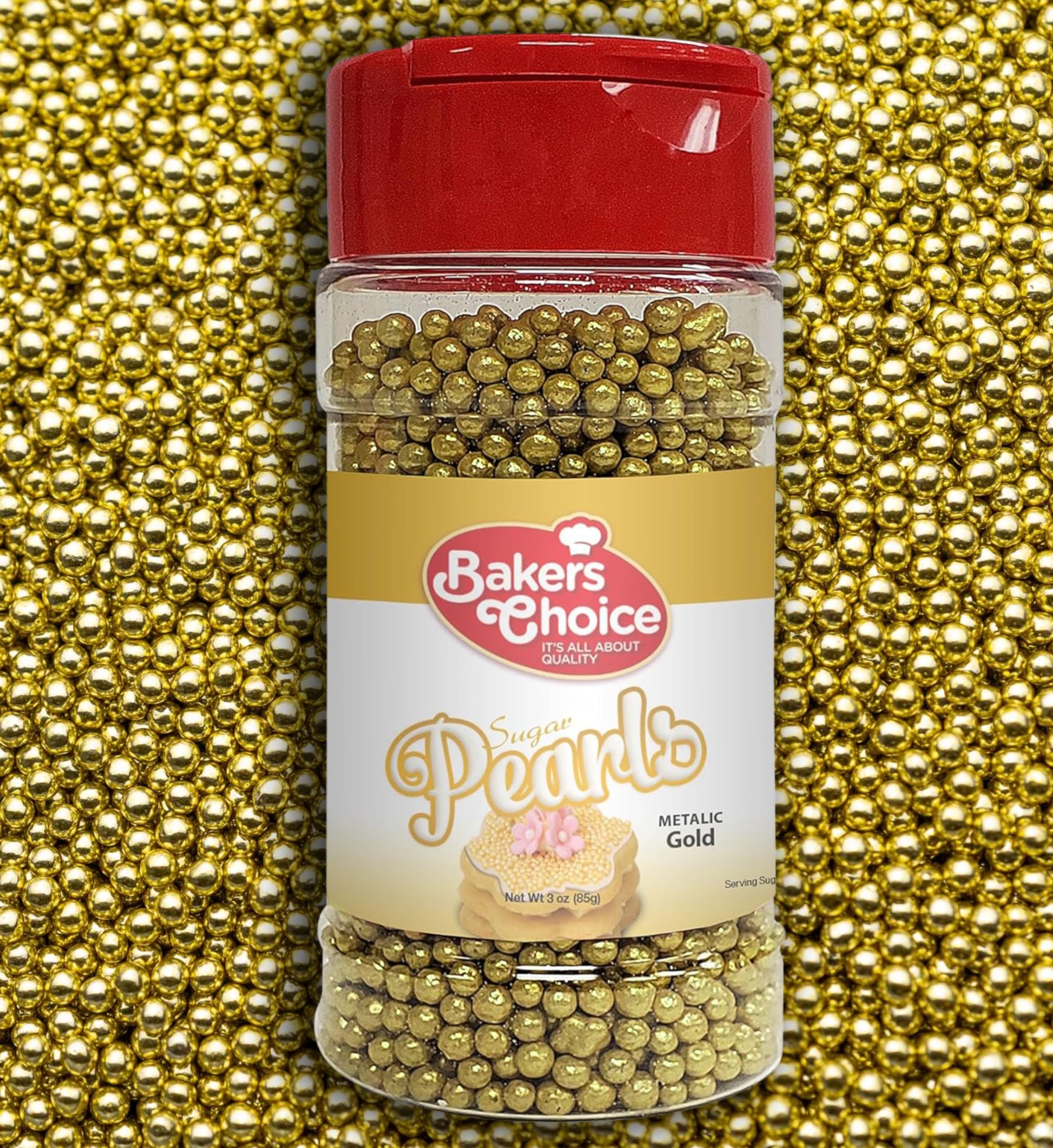 Bakers Choice Edible Pearls - Pearl Sprinkles - Metallic Gold Sugar Pearls - Dairy Free - Kosher - 3 Oz.