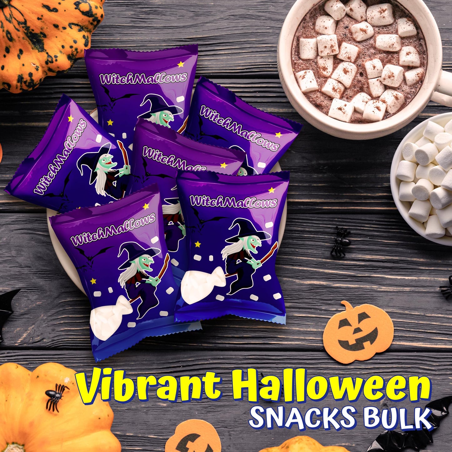 4Es Novelty 24 Pack Halloween Mini Marshmallows Indvidually Wrapped Vanilla Flavor - Halloweens Candy for Kids in Bulk  Snacks for Trick or Treat  17 Marshmallows in Each Bag (Witchmallows)