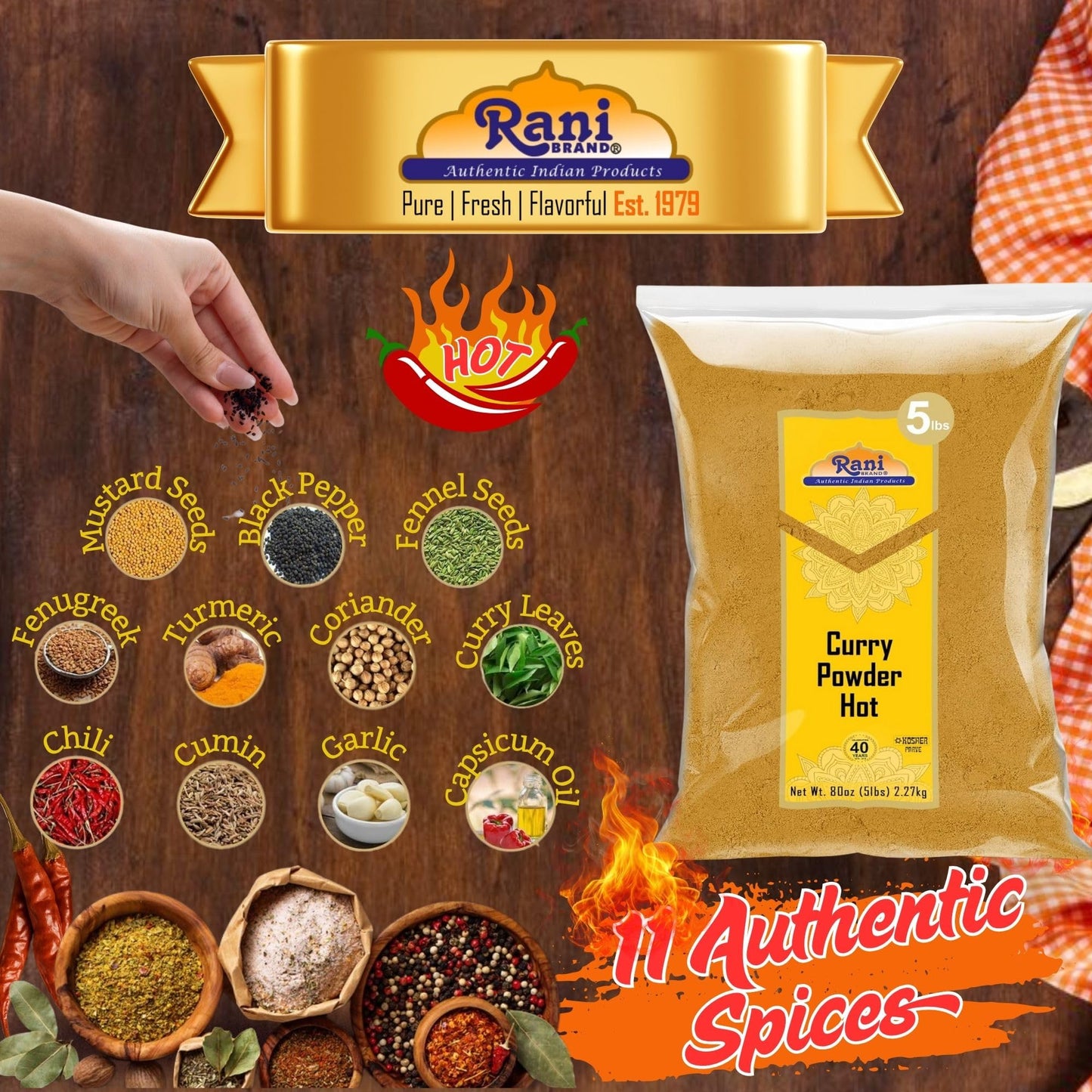 Rani Curry Powder Hot (11-Spice Authentic Indian Blend) 80Oz (5Lbs) 2.27Kg Bulk ~ All Natural | Salt-Free | Vegan | No Colors |