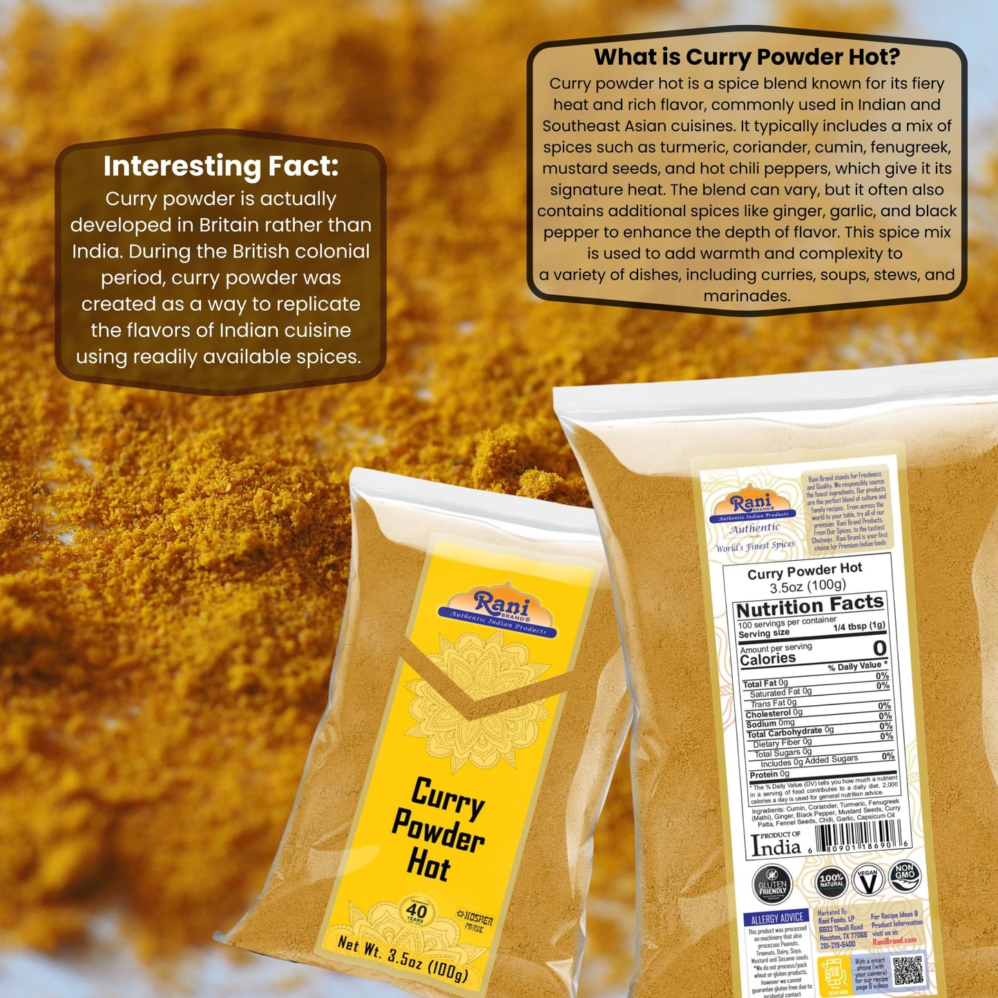 Rani Curry Powder Hot (11-Spice Authentic Indian Blend) 3.5oz (100g) ~ All Natural | Salt-Free | Vegan | No Colors | Gluten Frie