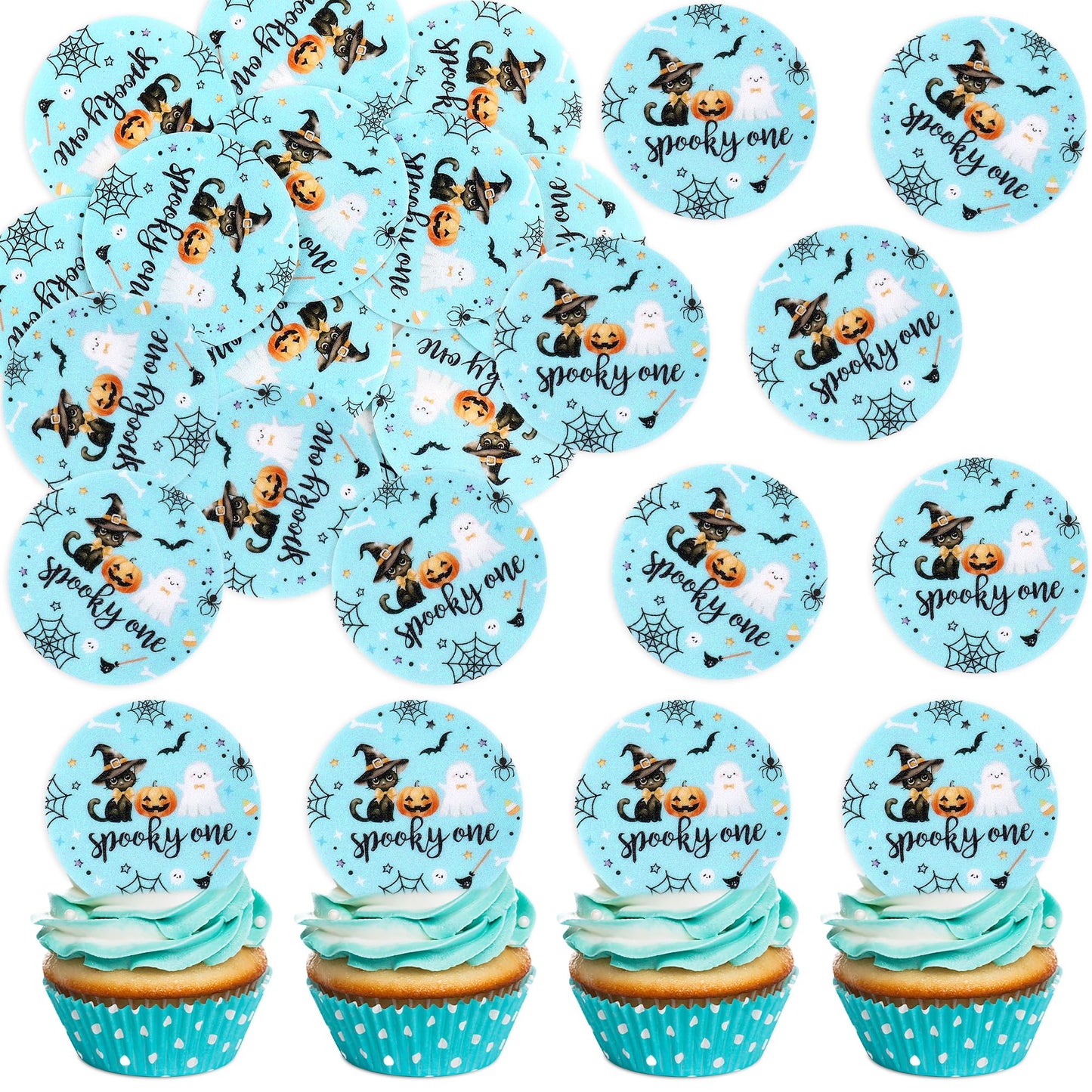 Ercadio 48Pcs Edible Halloween Cupcake Toppers - Cute Ghosts, Bats & Black Cats - Party Cake Decor - Blue