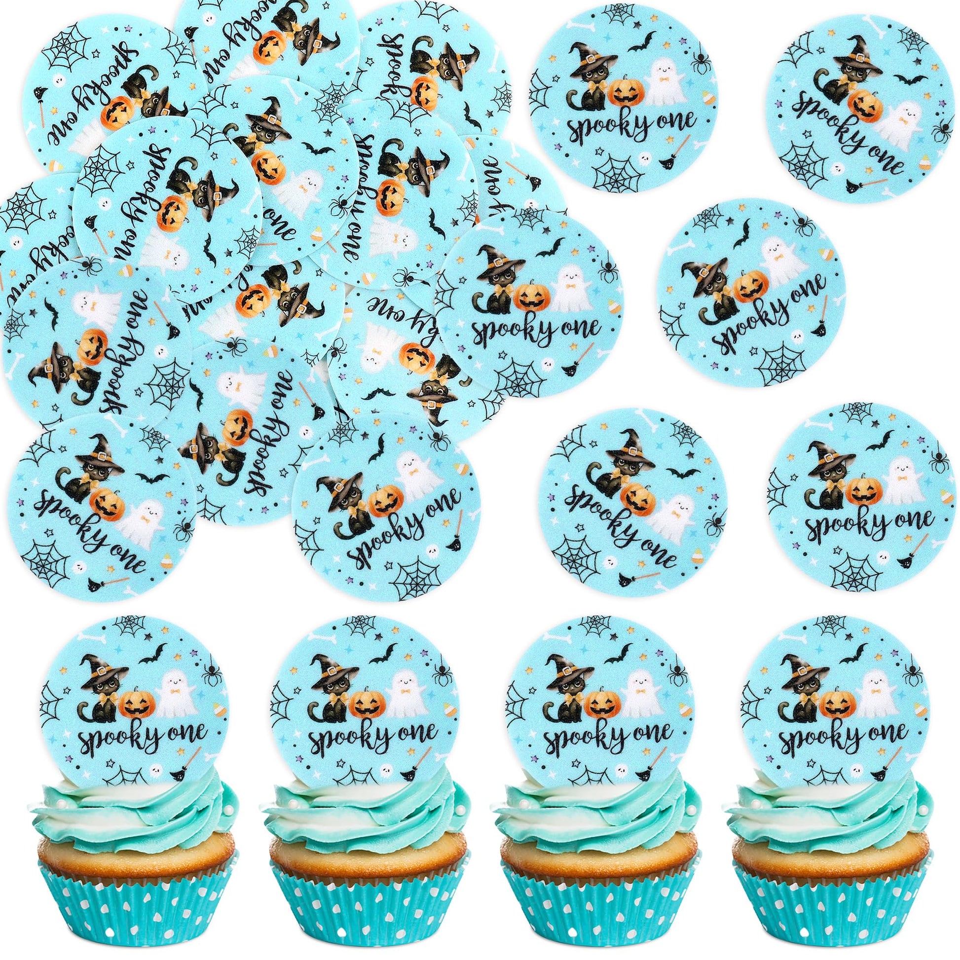 Ercadio 48Pcs Edible Halloween Cupcake Toppers - Cute Ghosts, Bats & Black Cats - Party Cake Decor - Blue