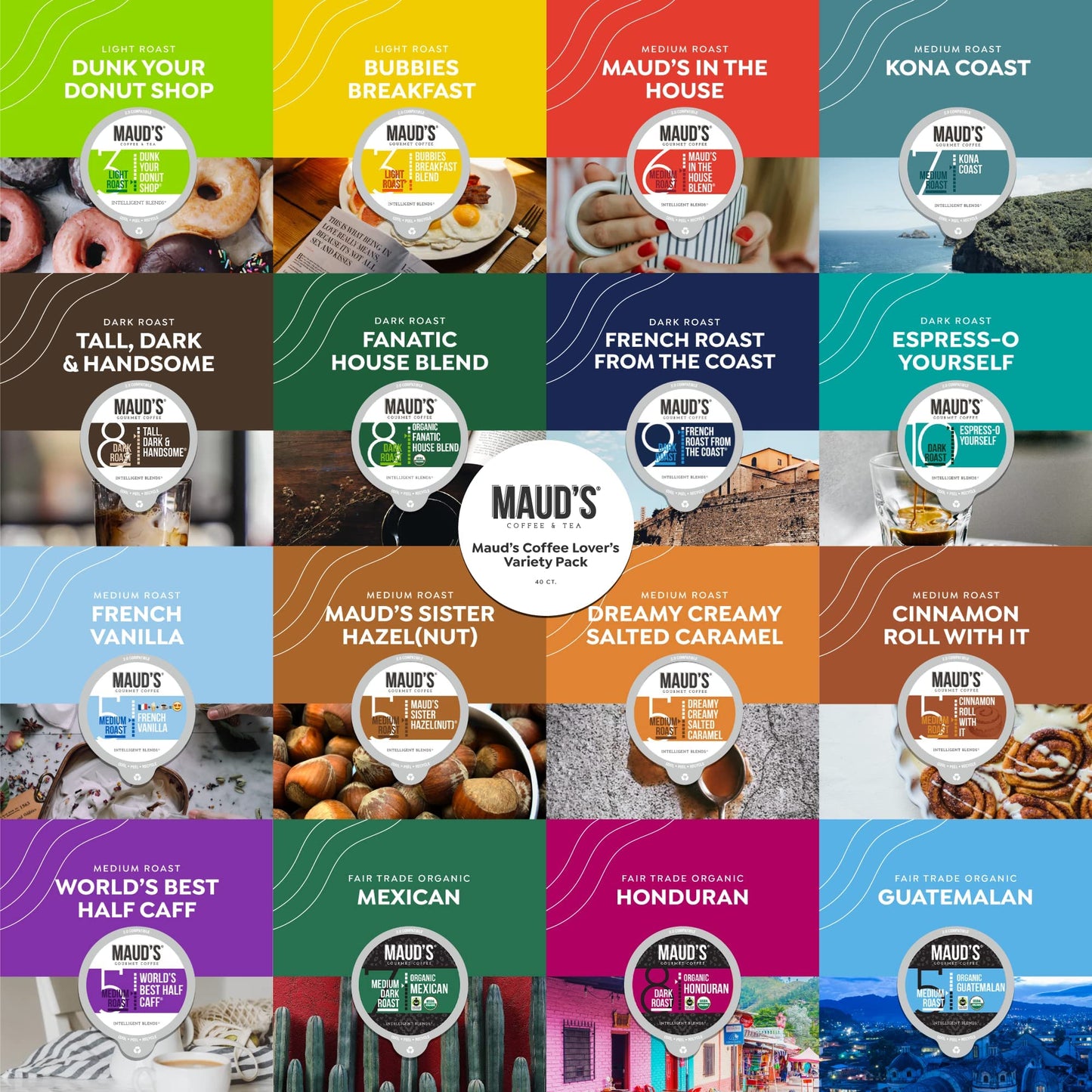 Maud s Coffee Lovers Variety Pack Coffee Pods, 40 ct, 16 Assorted Flavors in Recyclable Single Serve Pods - 100% Arabica Beans,