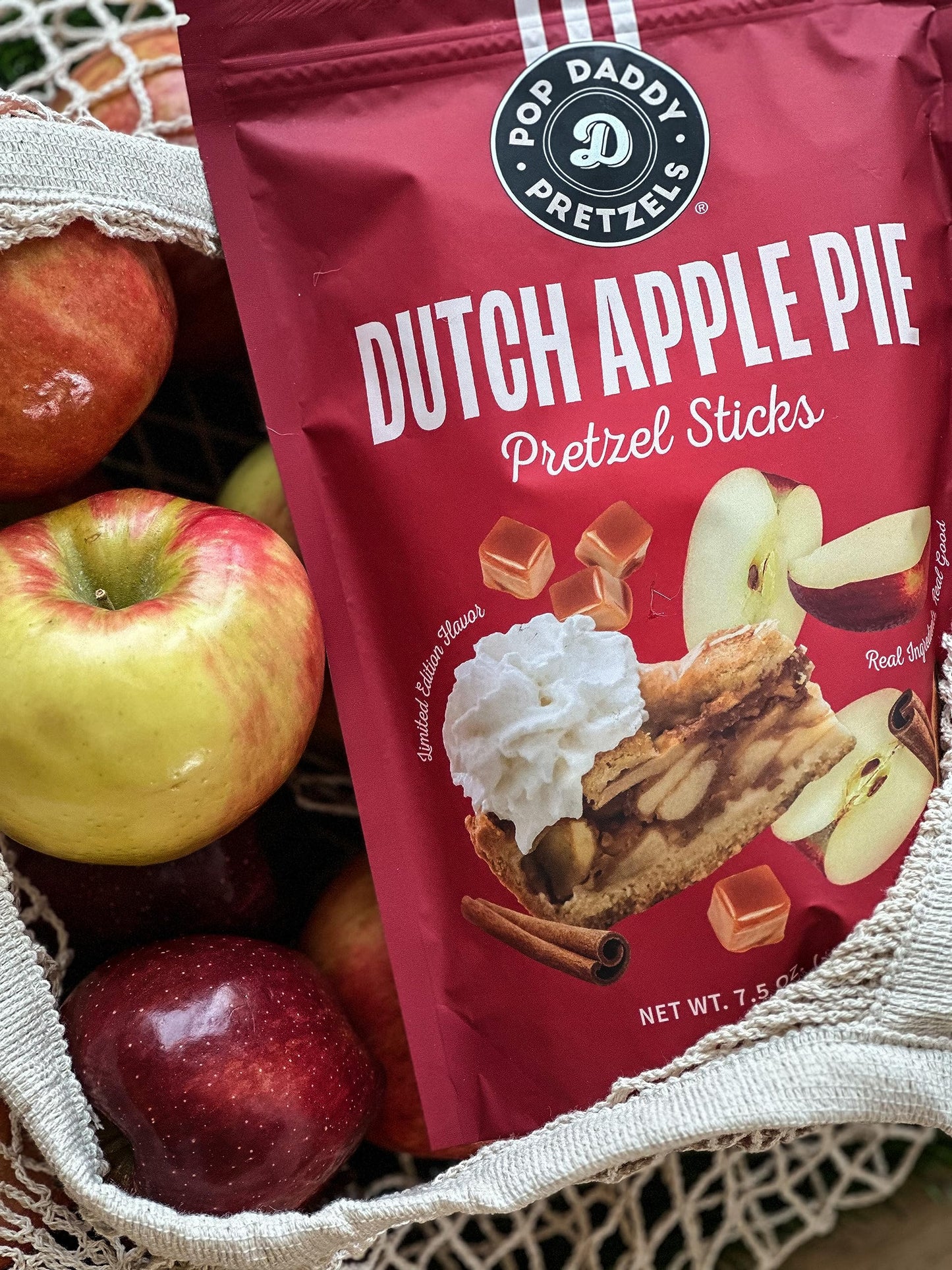 Pop Daddy Flavored Pretzel Sticks, Healthy Gourmet Pretzels Snacks, 7.5oz Individual Bags, 3 Pack, Dutch Apple Pie (Limited Flav