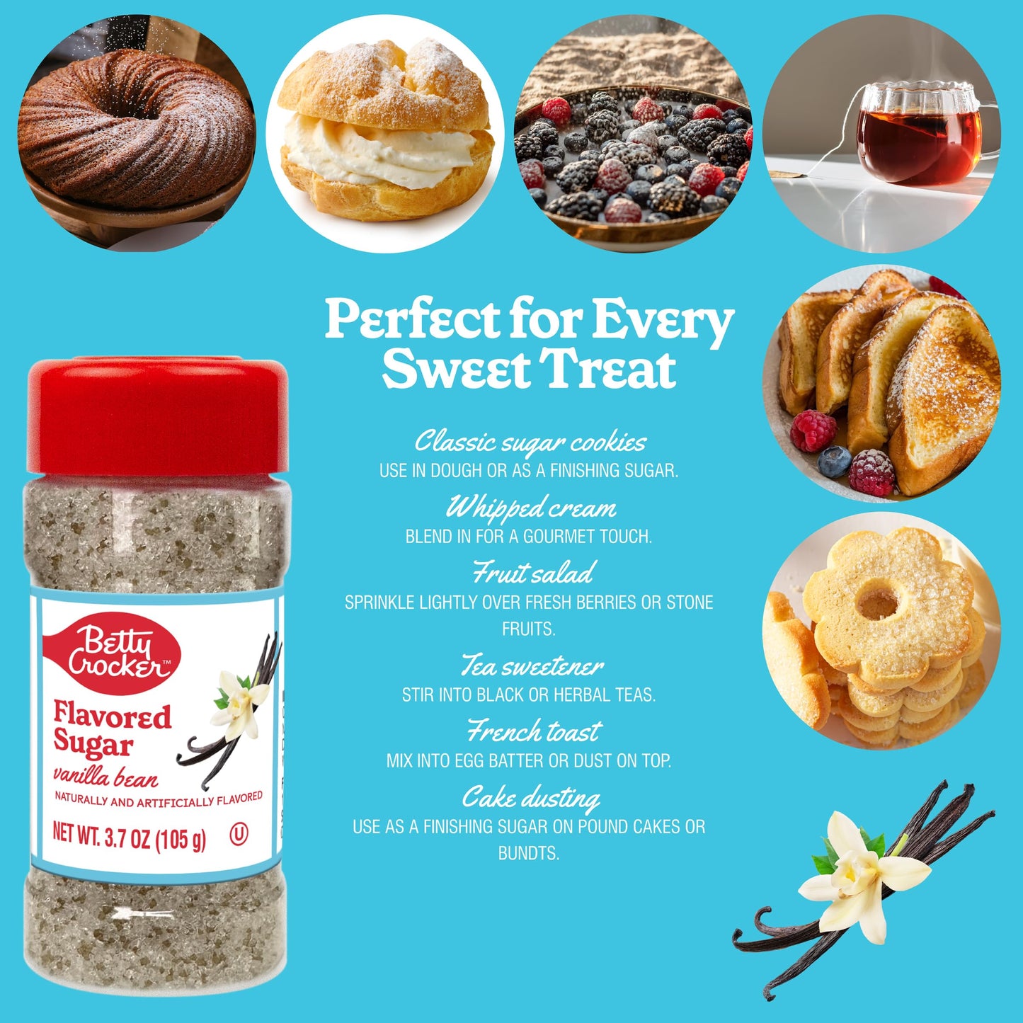 Betty Crocker Vanilla Bean Flavored Sugar - Classic Dessert Sugar for Baking, Drinks & More, 3.7 oz