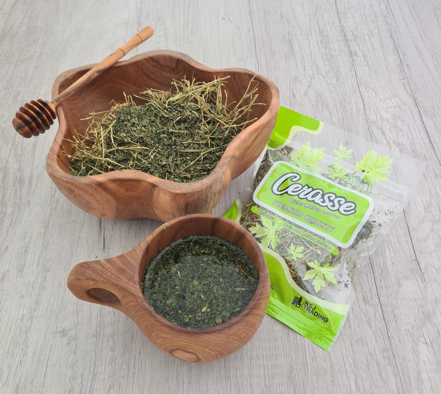 RSJ Trading Cerasse Tea, Bitter Melon Bush Tea, Wildcrafted, 0.75oz, Green Yellowish, Resealable Bag, 3 Pack and 5 Pack