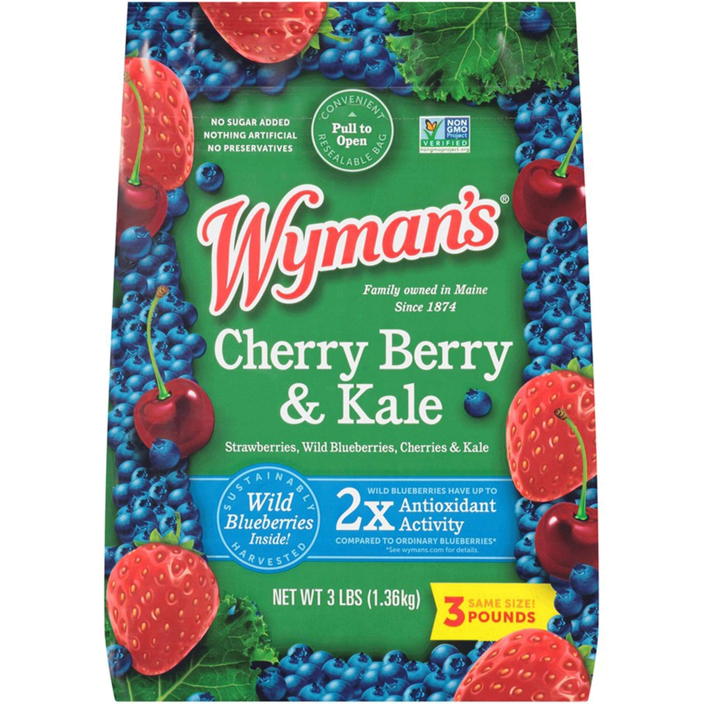 Wymans Cherry Berry & Kale, 3 lb (Pack of 1) - Strawberries, Cherries, Wild Blueberries & Kale