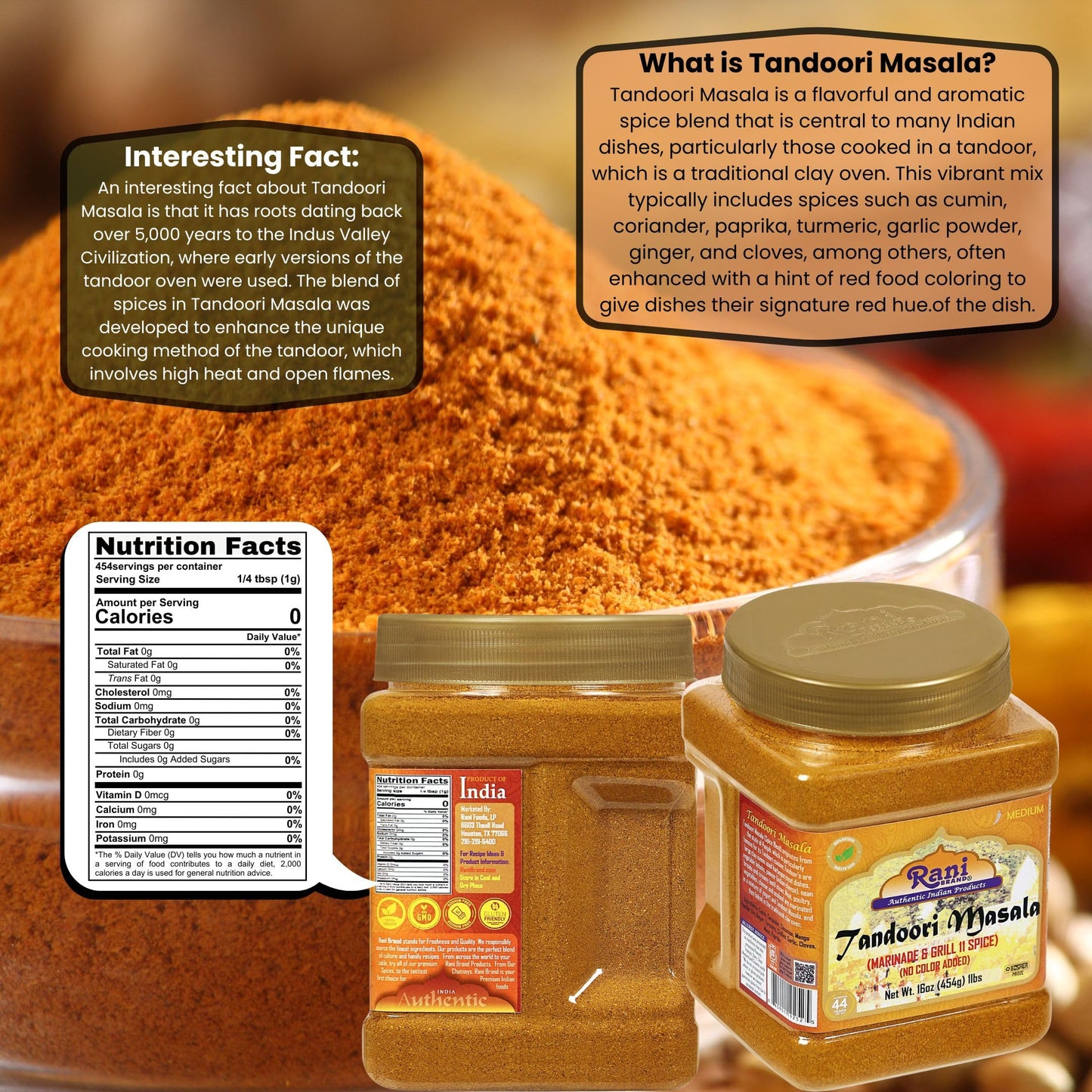 Rani Brand Tandoori Masala 11-Spice Blend, Salt Free, Vegan, Gluten Friendly, 16oz (454g) PET Jar
