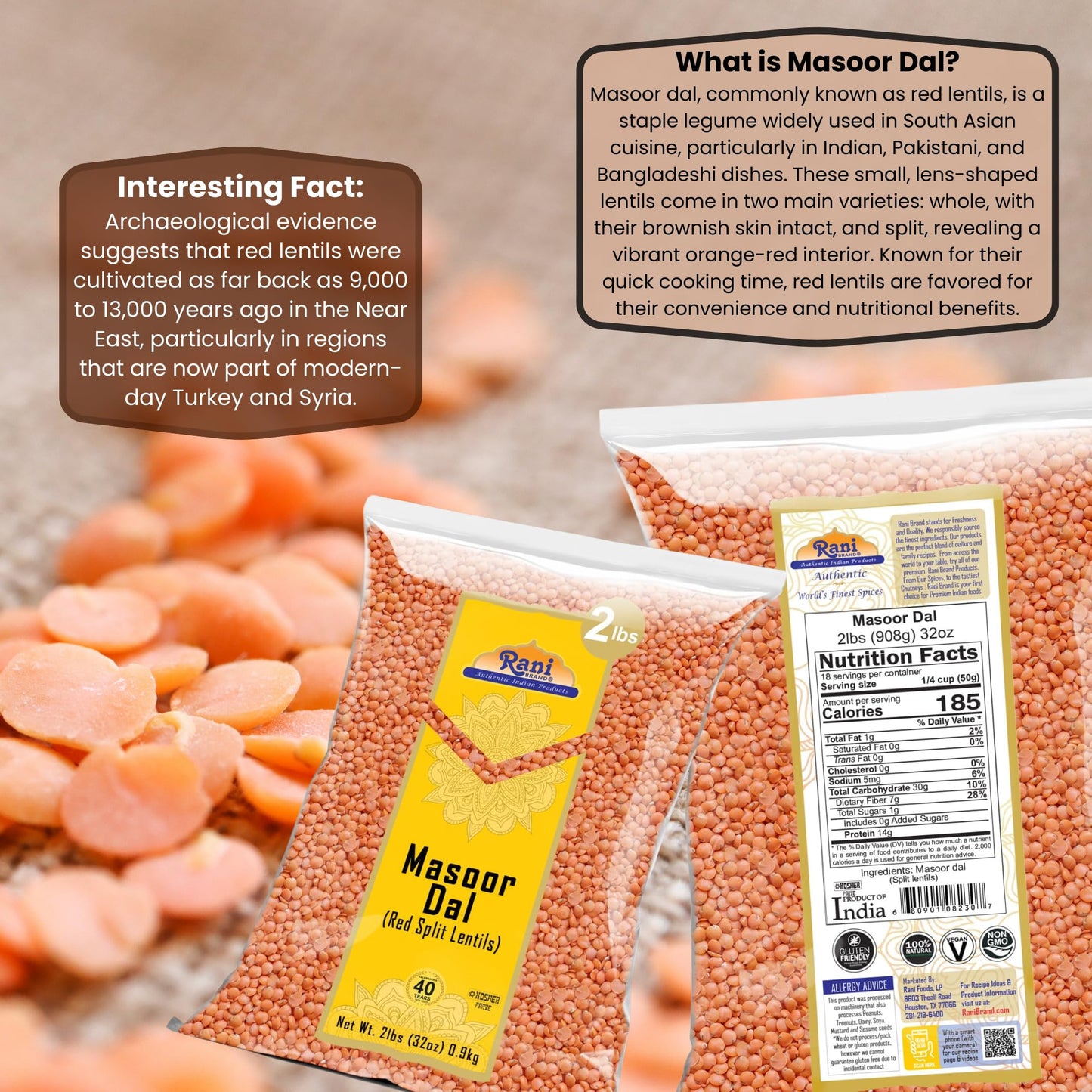 Rani Masoor Dal (Indian Red Lentils) Split Gram, 32Oz (2Lbs) 908G ~ All Natural | Gluten Friendly | Non-Gmo | Vegan | Indian Ori