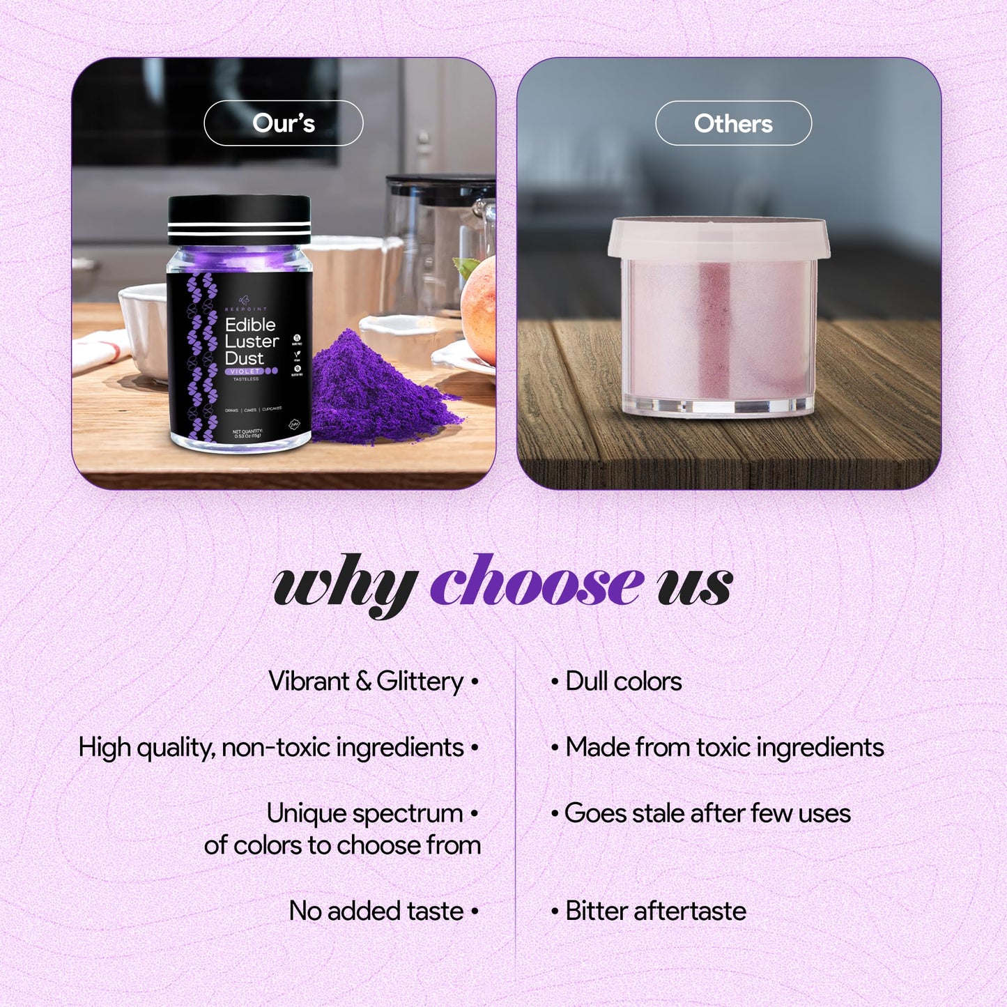 BeePoint Edible Glitter Luster Dust - Violet, 15g Food Grade Shimmer Powder for Baking, Cocktails, Cakes, Sweets, Vegan & Gluten Free