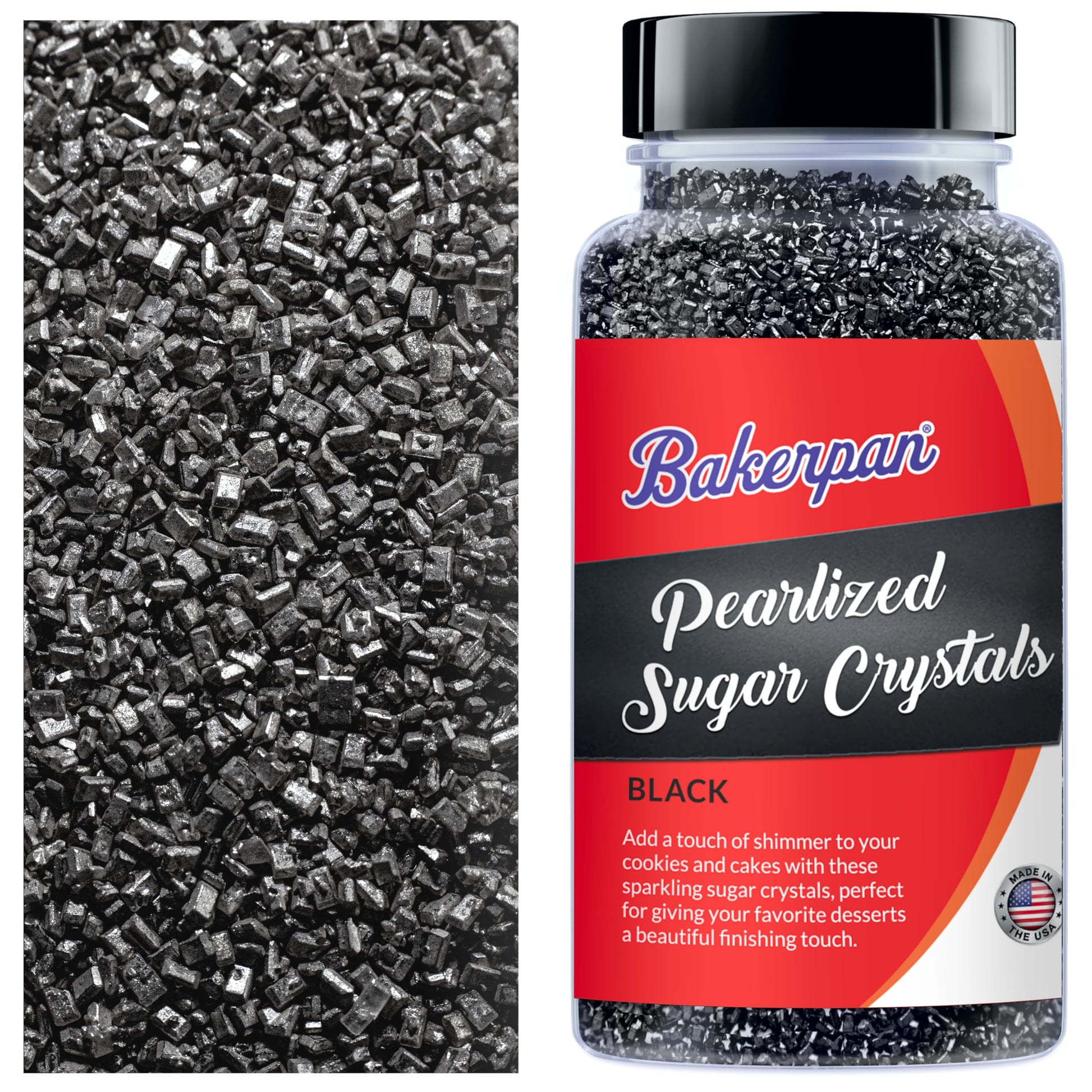 Bakerpan Pearlized Sugar Sprinkles for Baking - 5 Ounce - Sparkling Black Decorating Sugar Crystals for Cookies, Cake Pops, Ice 