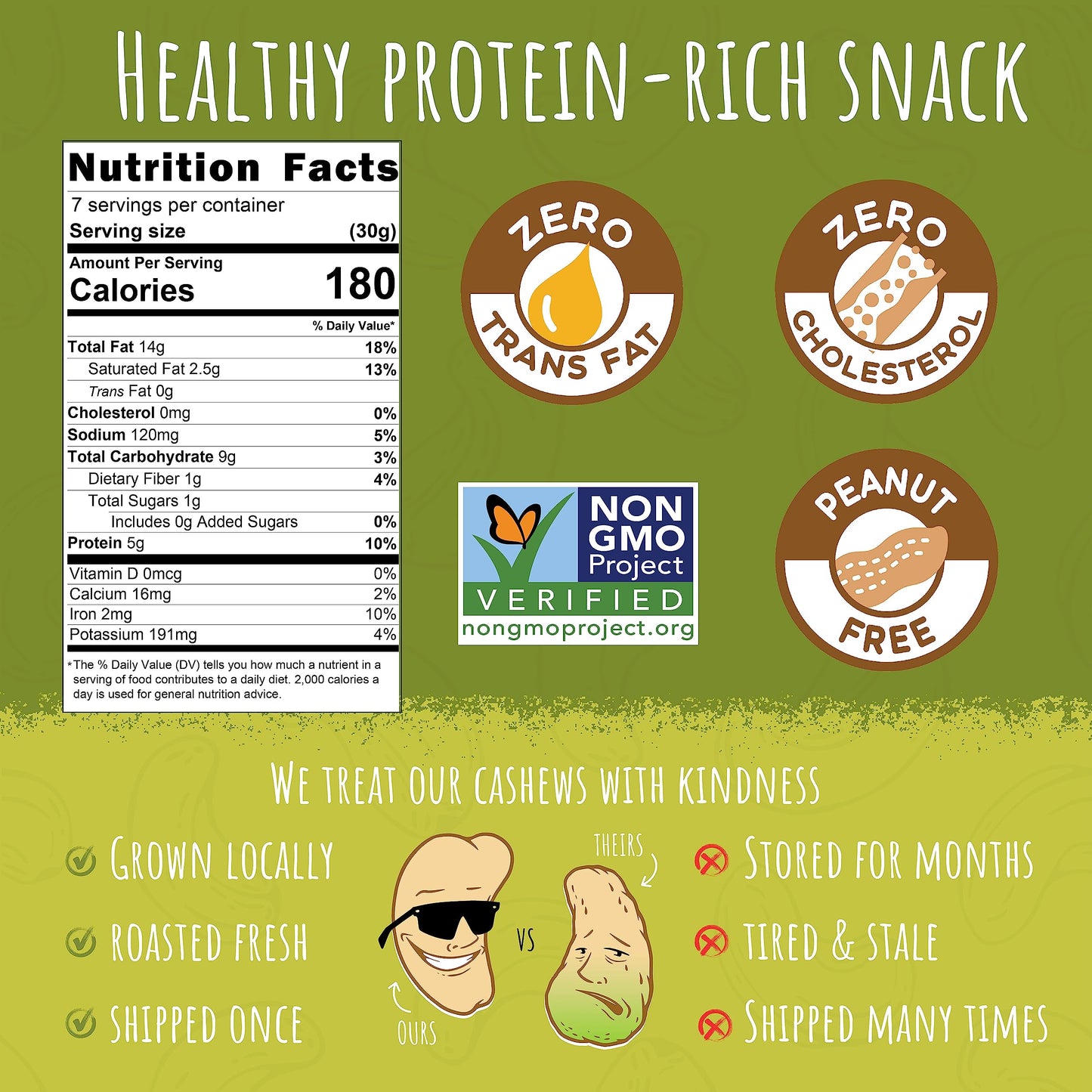 Sunshine Nut Co. Whole Roasted Lightly Salted Cashews, Handful Of Herbs Flavor, Single 7 Oz. Bag, Gluten Free, Peanut Free And Vegan Individual Snack Packs For Kids And Adults, Gmo Free