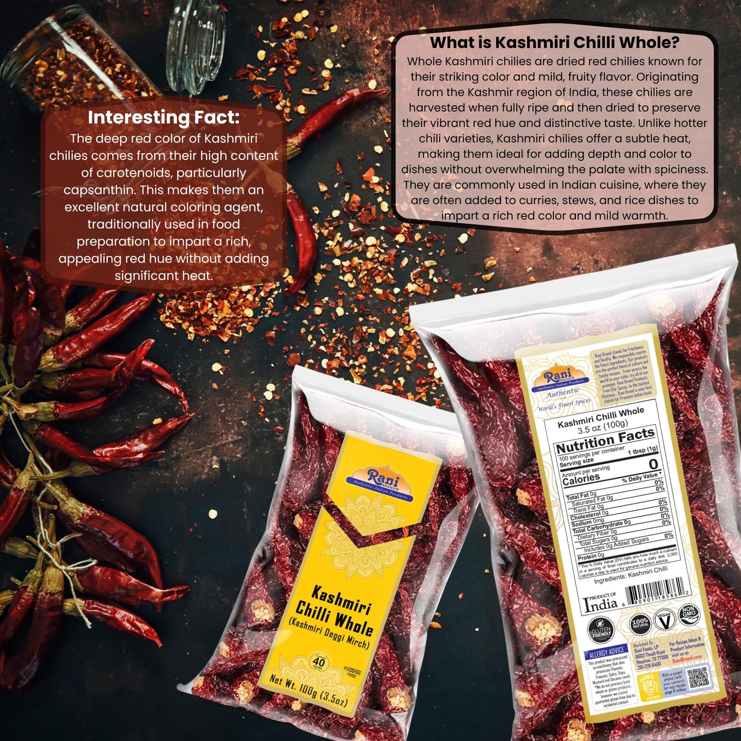 Rani Kashmiri Chilli Whole (Deggi Mirch, Low Heat) 3.5Oz (100G) ~ Natural | Salt-Free | Vegan | No Colors | Gluten Friendly | No