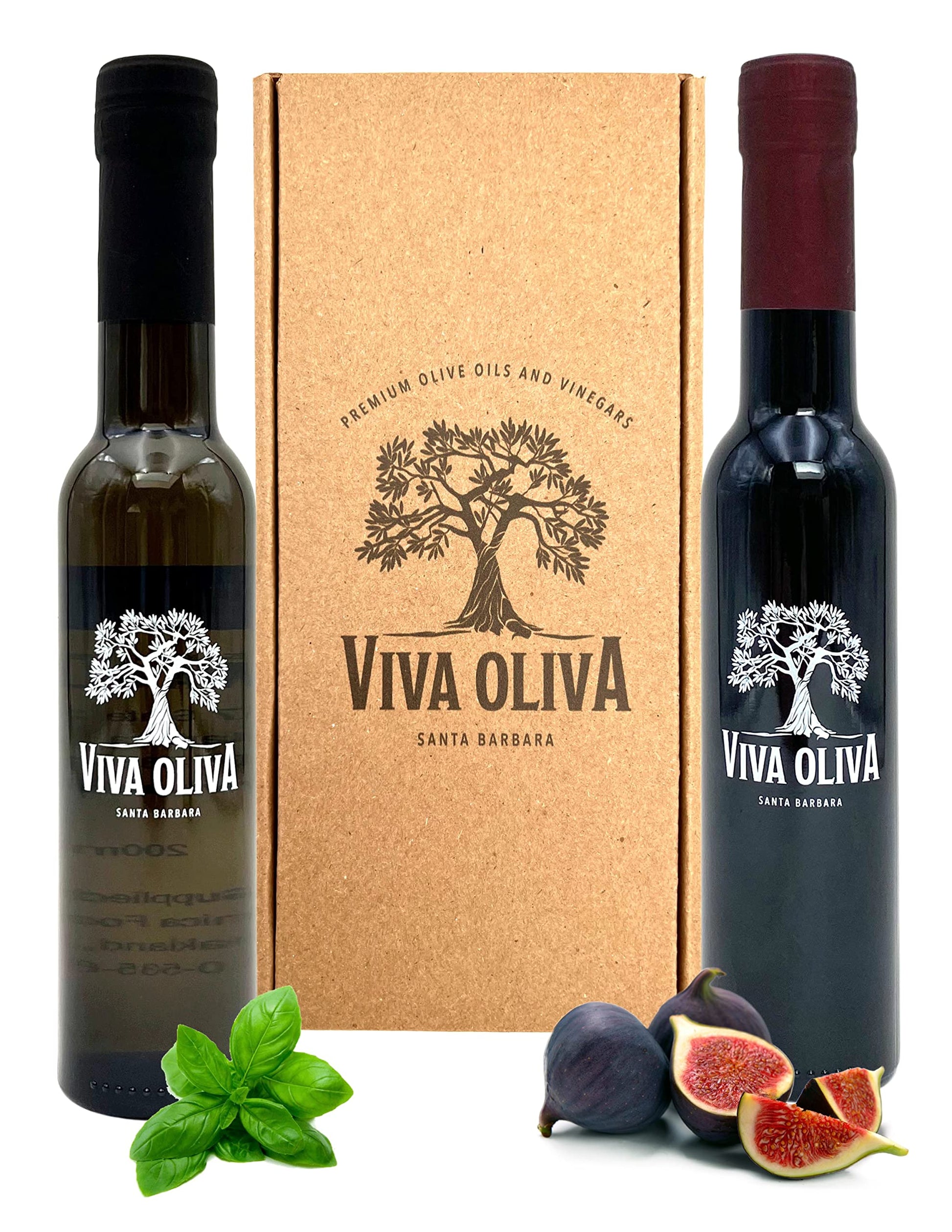Viva Oliva Two 200Ml (6.8Oz) Variety Gift Set - Basil Infused Olive Oil And Black Mission Fig Dark Balsamic Vinegar Made - Enhanced Quality - 100% Natural