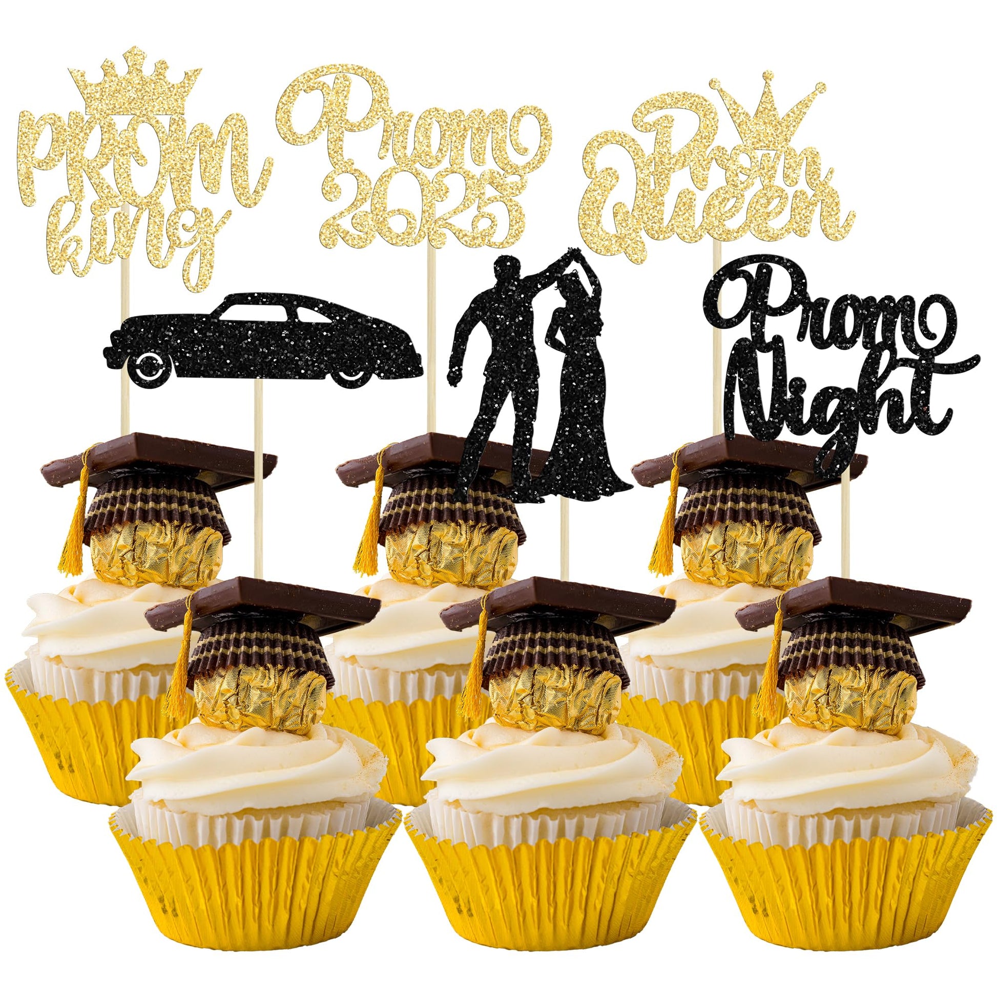 Gyufise 24Pcs Black Gold Prom Cupcake Topper Prom Decorations for Party 2025 Prom Graduation Cupcake Topper 2025 Graduation Deco