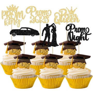 Gyufise 24Pcs Black Gold Prom Cupcake Topper Prom Decorations for Party 2025 Prom Graduation Cupcake Topper 2025 Graduation Deco