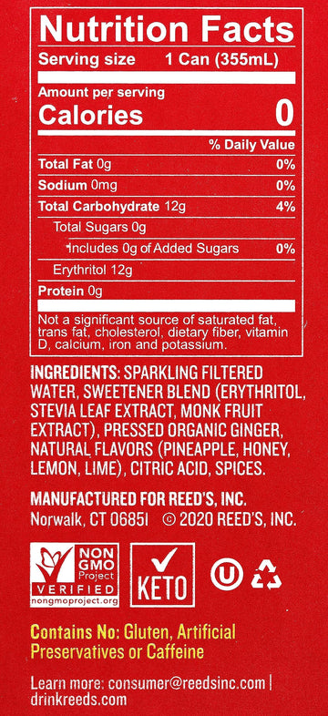 Reeds Zero Sugar Extra Ginger malt-inspired, All Natural Keto Soda, 12 Fl Oz (Pack of 4)