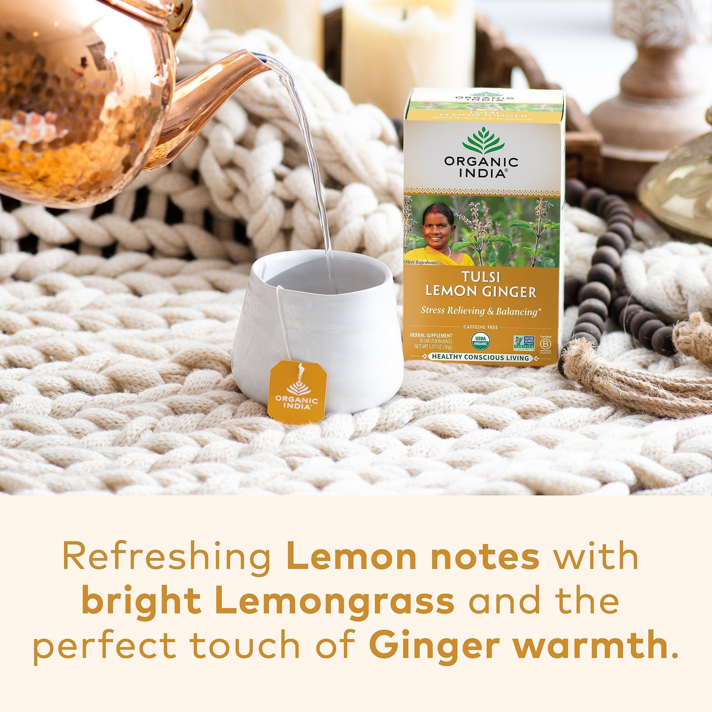 ORGANIC INDIA Tulsi Lemon Ginger Herbal Tea - Vegan, Caffeine-Free, 18 Count (Pack of 3) - Natural