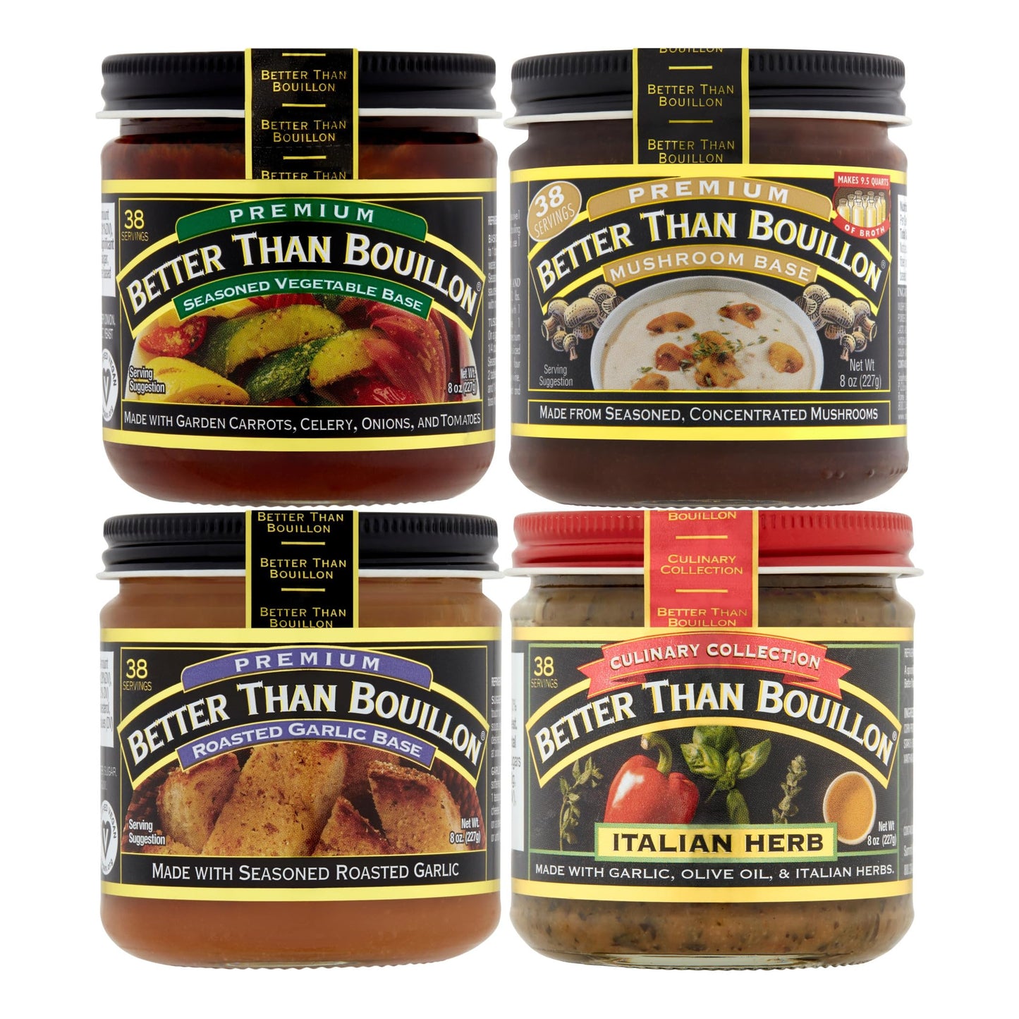 Better Than Bouillon All Vegetarian Base Variety Pack, 1 Seasoned Vegetable Base, 1 Mushroom Base, 1 Roasted Garlic Base, 1 Ital