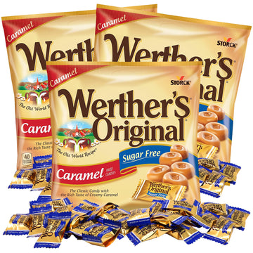 Werthers Original Caramel Sugar Free Hard Candies, Individually Wrapped Snacks for Adults, Gift Basket Stuffers, Pack of 3, 1.4