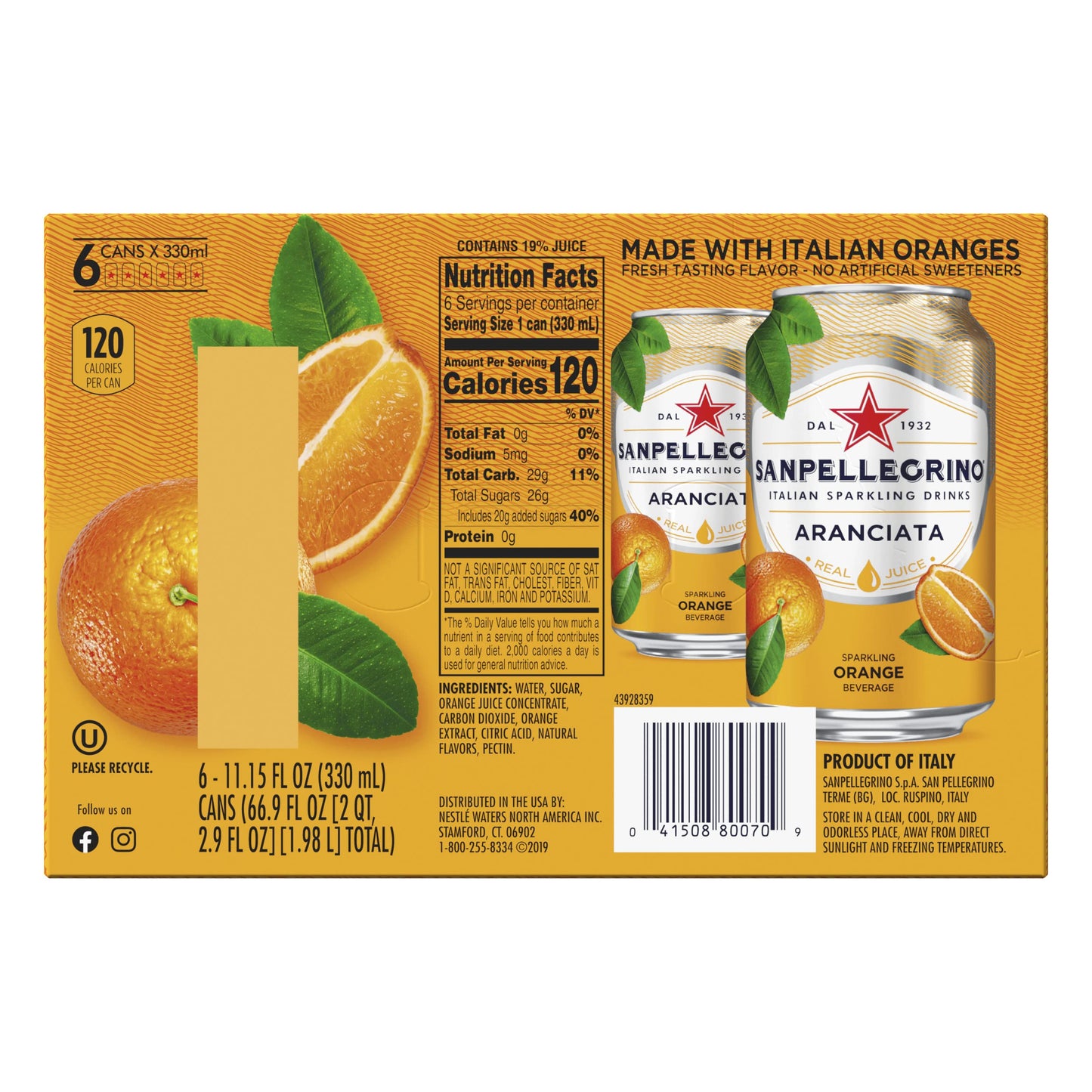 Sanpellegrino, Orange Italian Sparkling Drinks, 11.15 Fl Oz Cans, 6 Pack