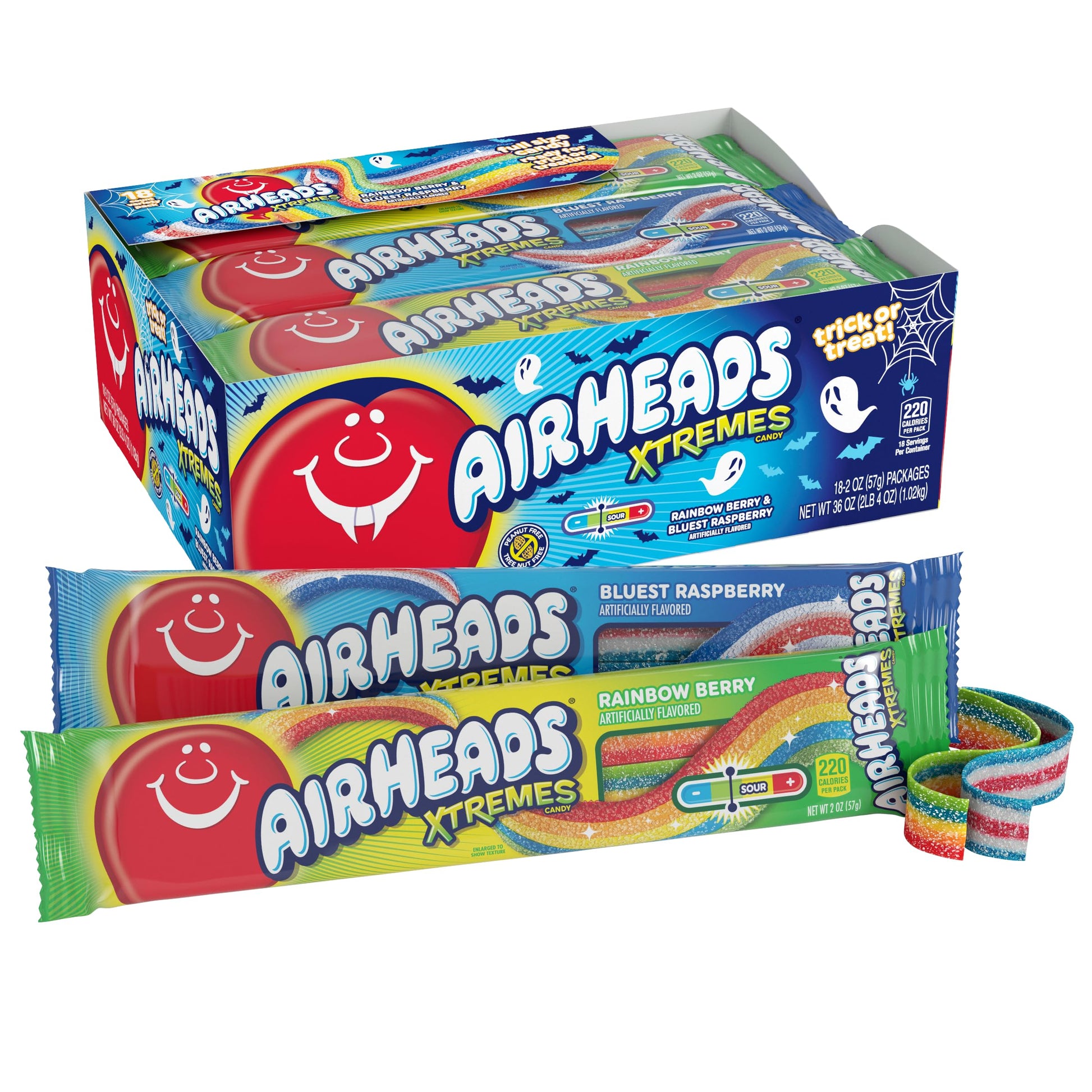 Airheads Xtremes Belts Halloween Treat Pack, Rainbow Berry & Bluest Raspberry, 2oz (Pack of 18)