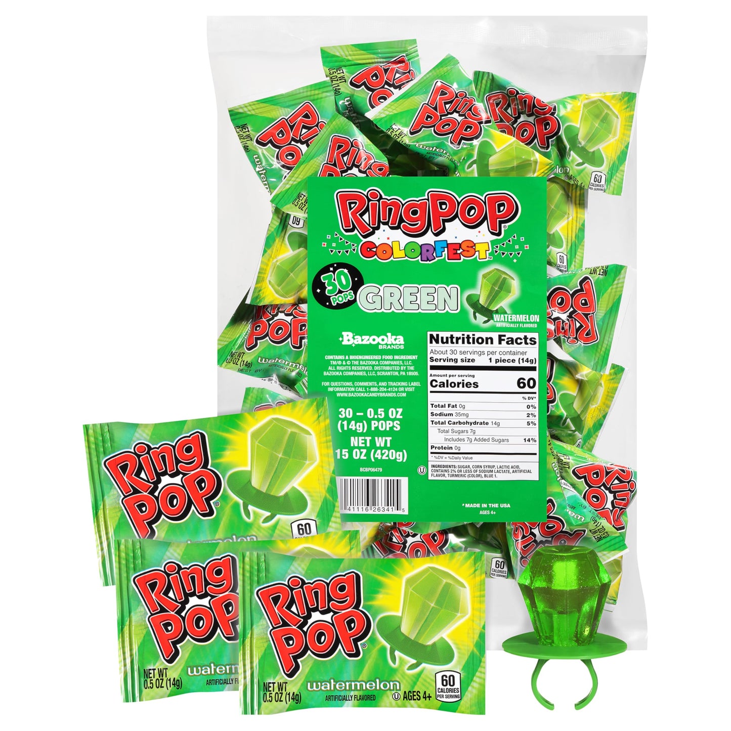 Ring Pop Green Halloween Candy Lollipops, 30Ct Bulk Candy Individually Wrapped in Green Watermelon Flavor, Full Size, Fun Hard C