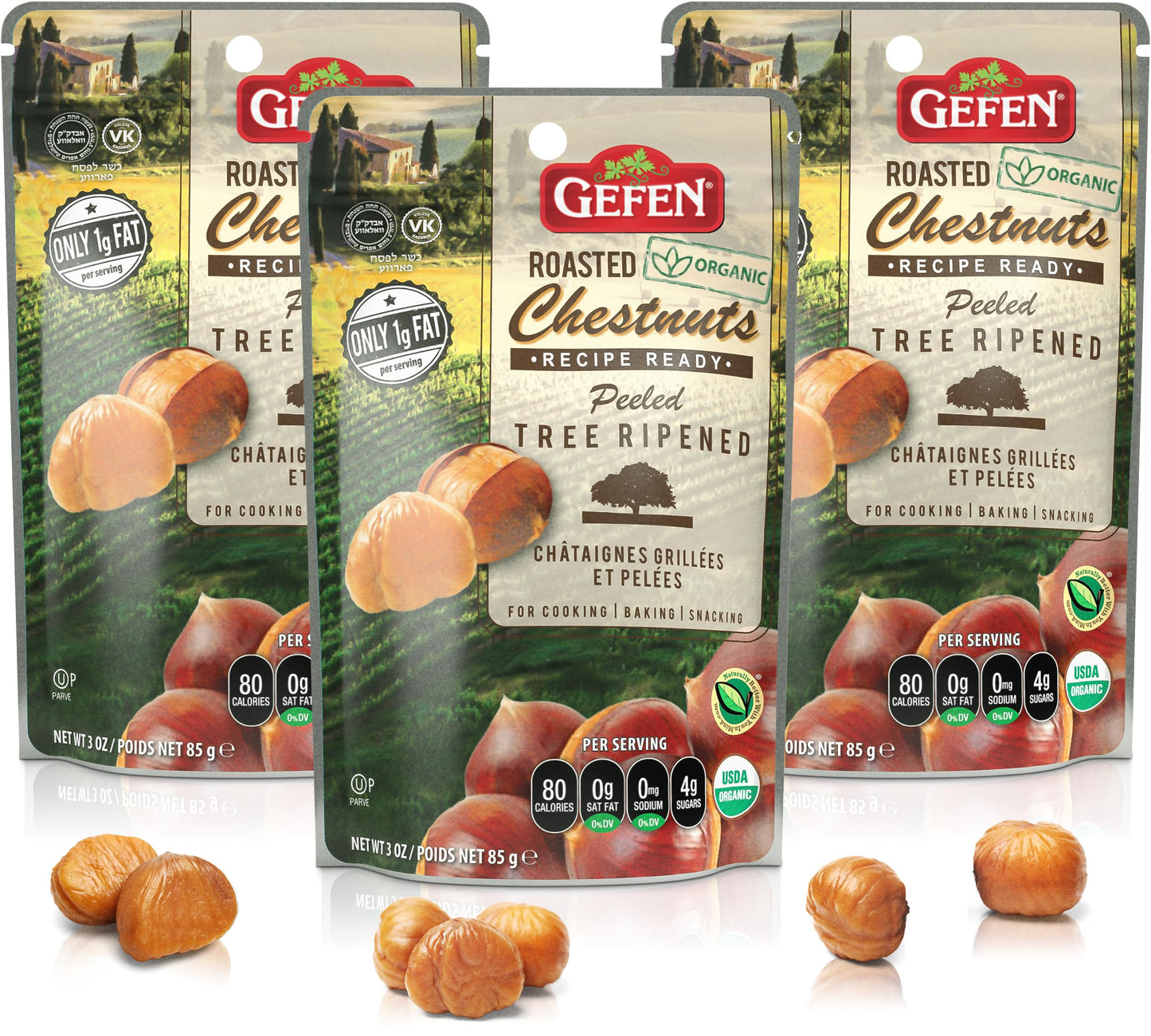 Gefen Organic Whole Peeled and Roasted Chestnuts, 3oz (3 Pack) | Chestnuts Peeled and Ready to Eat | Great for Cooking & Baking 