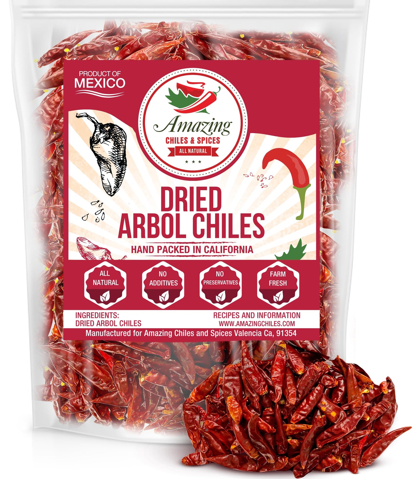 Chile De Arbol 4Oz - Dried Whole Red Chili Peppers, Premium All Natural Stemless, Resealable Bag. Use In Mexican, Chinese And Th