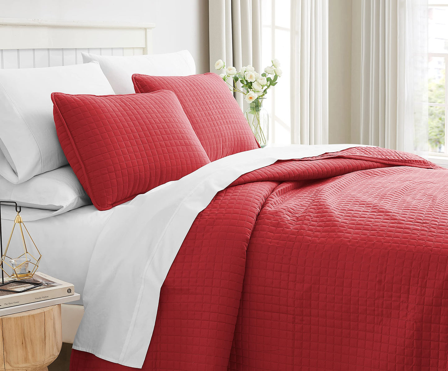 Southshore Fine Living, Inc 3 Piece Quilt Set, Full Queen Size, Oversized, Lightweight, Embroidered, Square Stitched Bedspread S