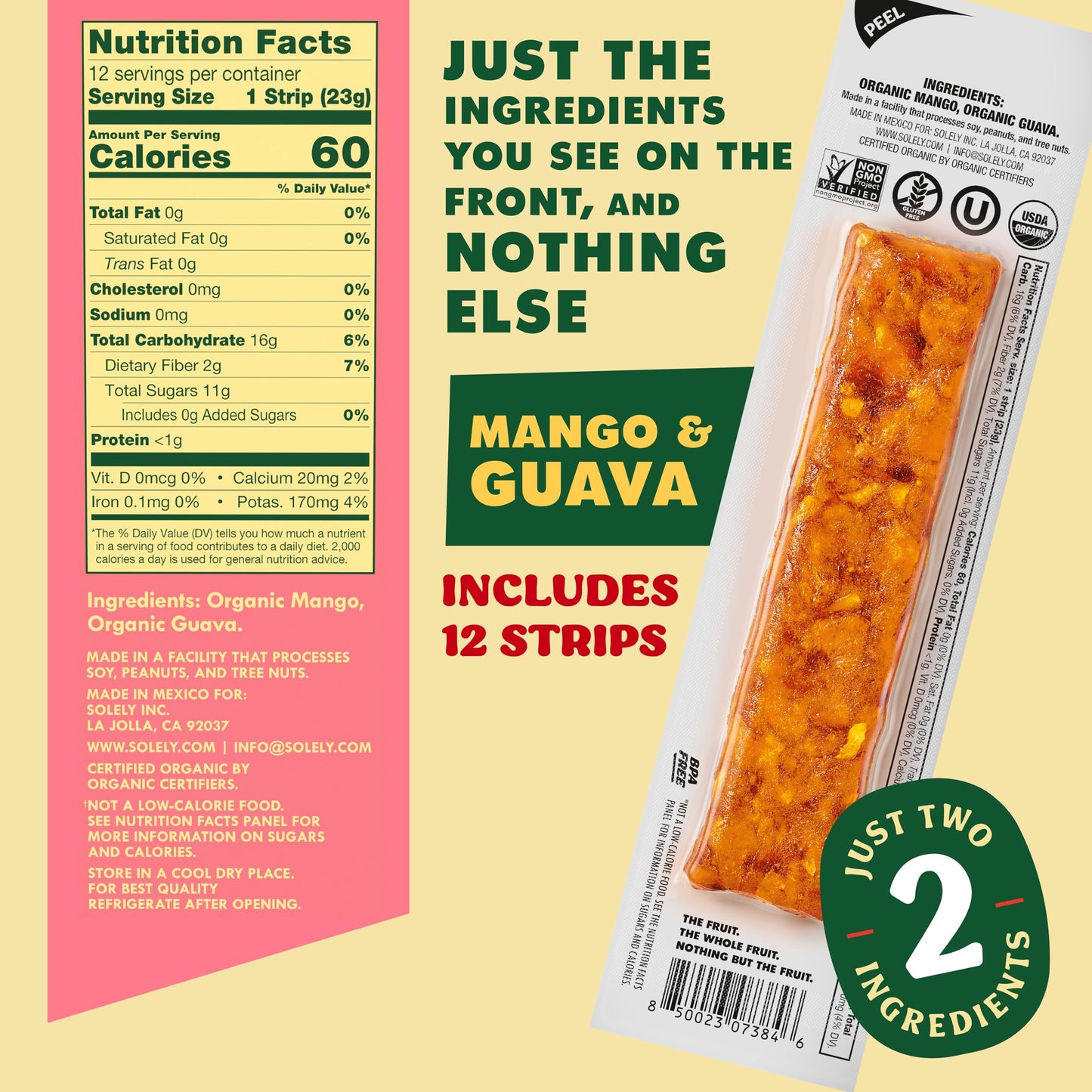 SOLELY - Organic Mango Guava Fruit Jerky - 12 Individually Wrapped Strips (12-Pack) - Fruit Leather Made from Dried Fruit - Heal