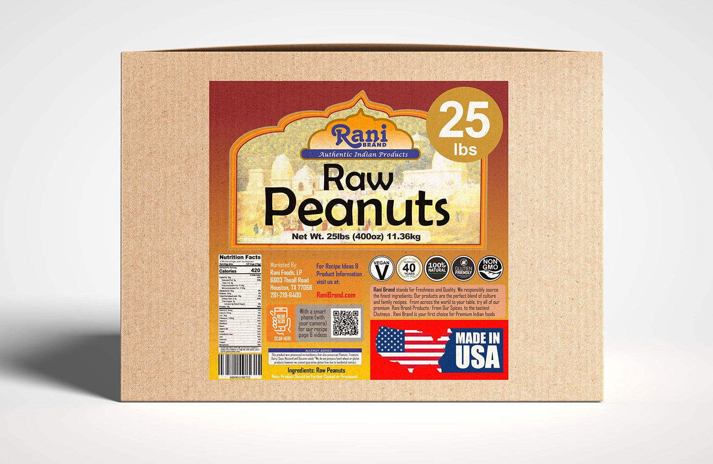 Rani Peanuts, Raw Whole With Skin (uncooked, unsalted) 25lbs (400oz) 11.36kg Bulk Box ~ All Natural | Vegan | Gluten Friendly |