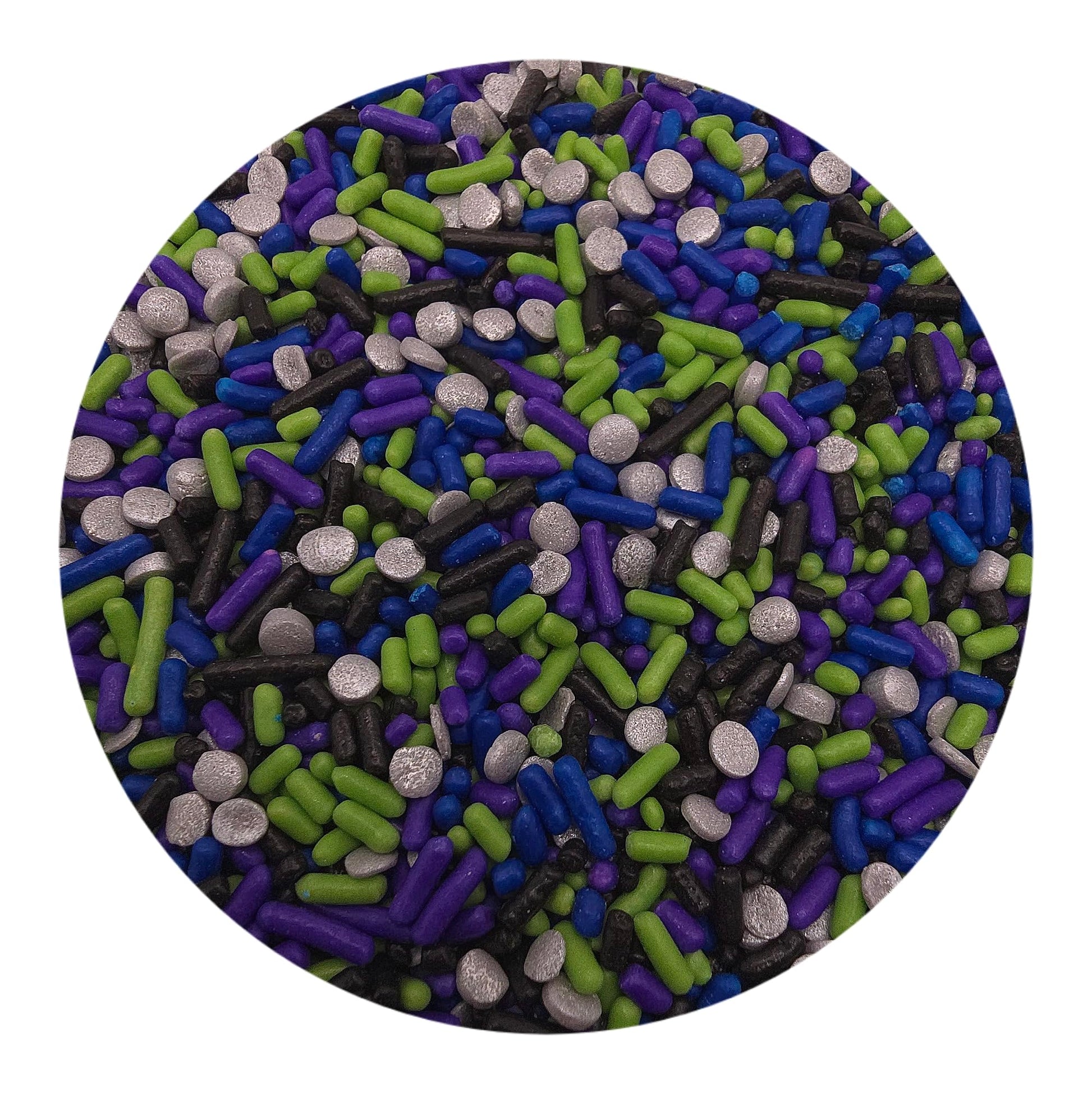 Ncs Purple, Dark Blue, Lime Green, Black Jimmies And Silver Sequin Edible Sprinkles, 8 Ounces - Great For Cupcakes, Cookies, Cakes, Cakes Pops, Donuts