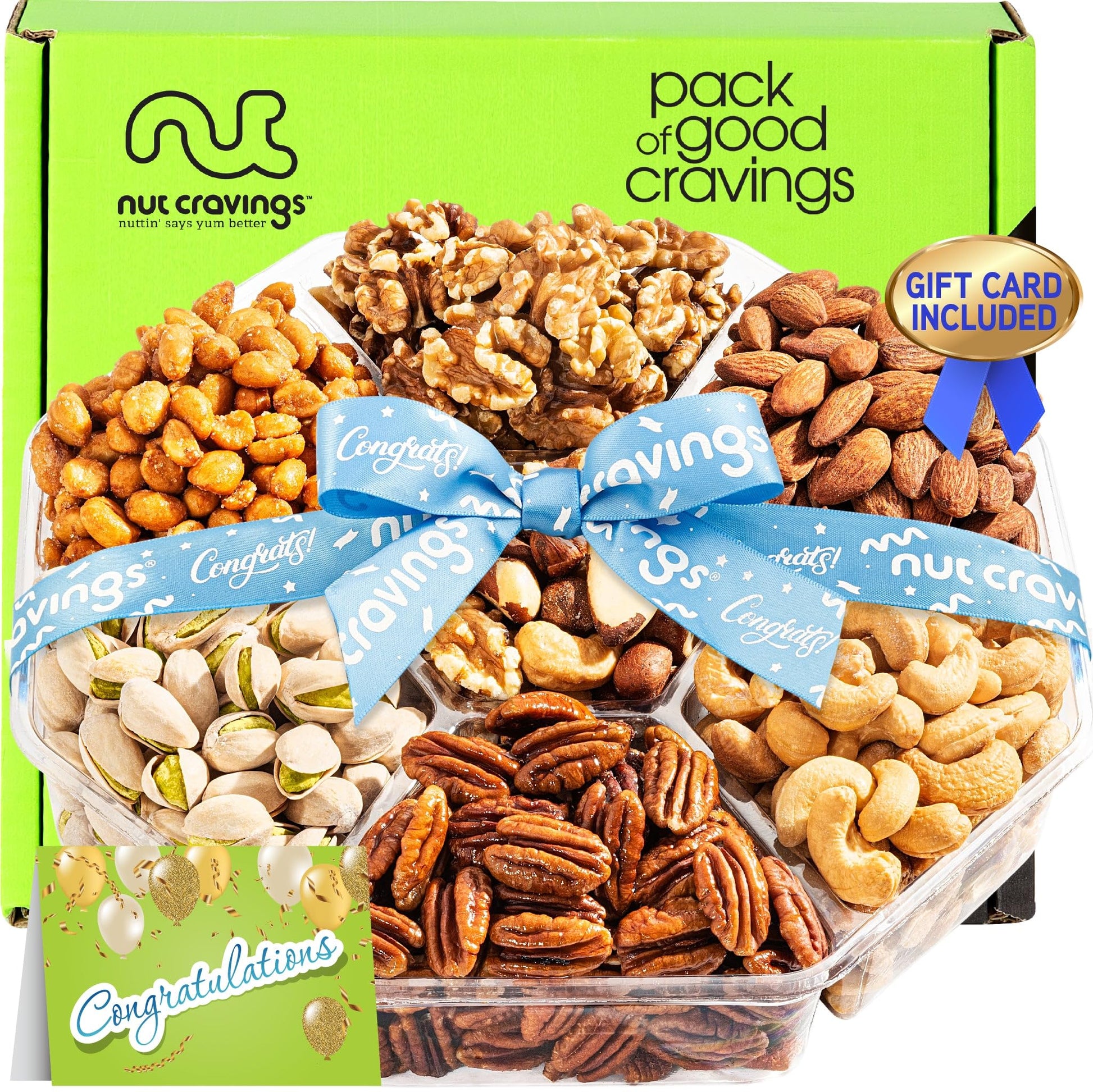 NUT CRAVINGS Gourmet Collection - Congratulations Nuts Gift Basket with Congrats Ribbon + Greeting Card (7 Assortments) Graduati