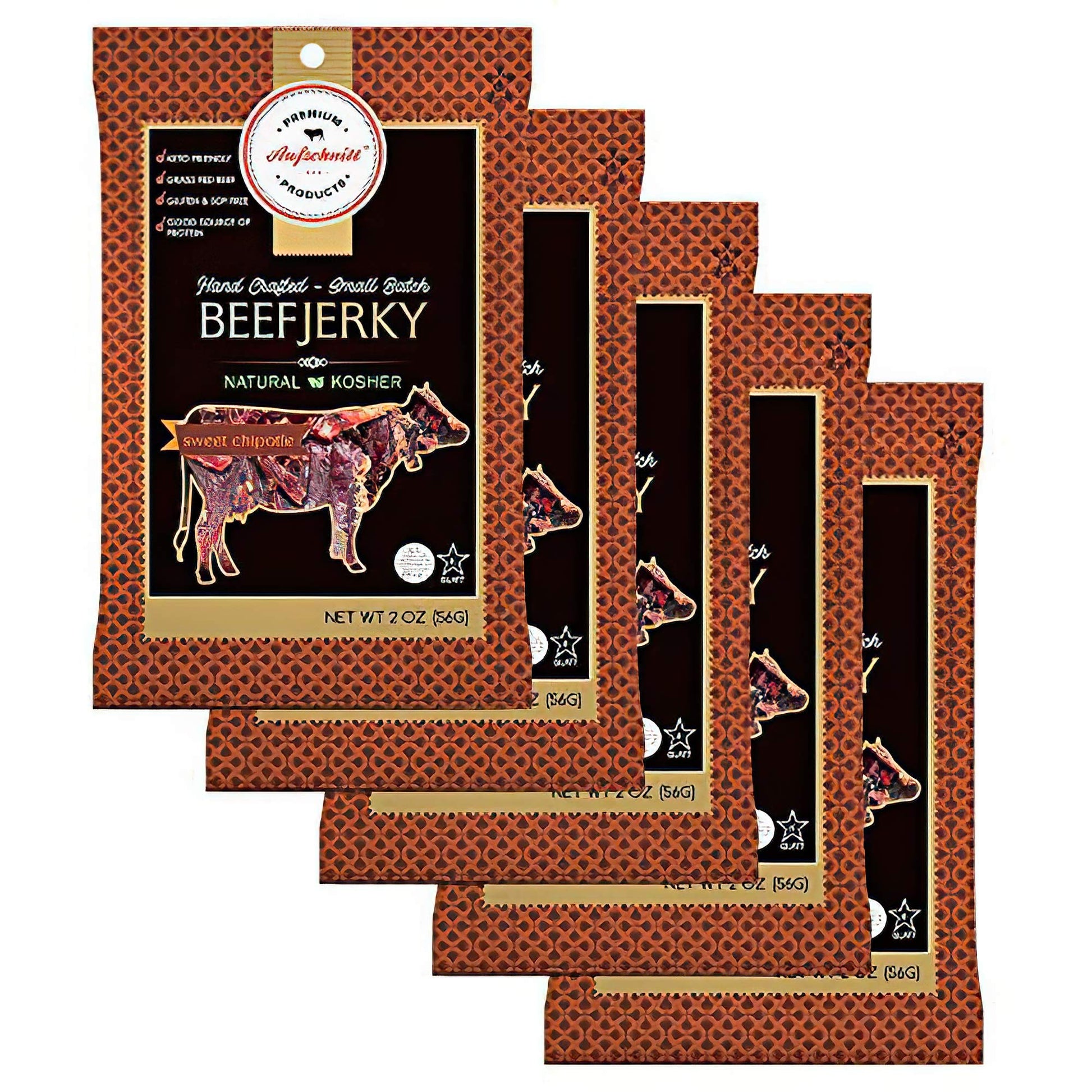Aufschnitt Grass Fed Beef Jerky - Low Sodium  Certified Kosher - Made In Usa - Keto & Halal Friendly - 5 Pack  Sweet Chipotle
