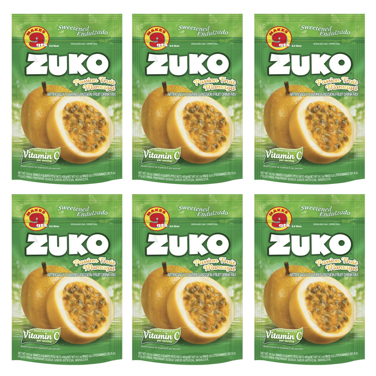 Zuko Passion Fruit Instant Powder Drink | Family Pack | No Sugar Needed | Vitamin C | 14.1 Ounce (Pack of 6)