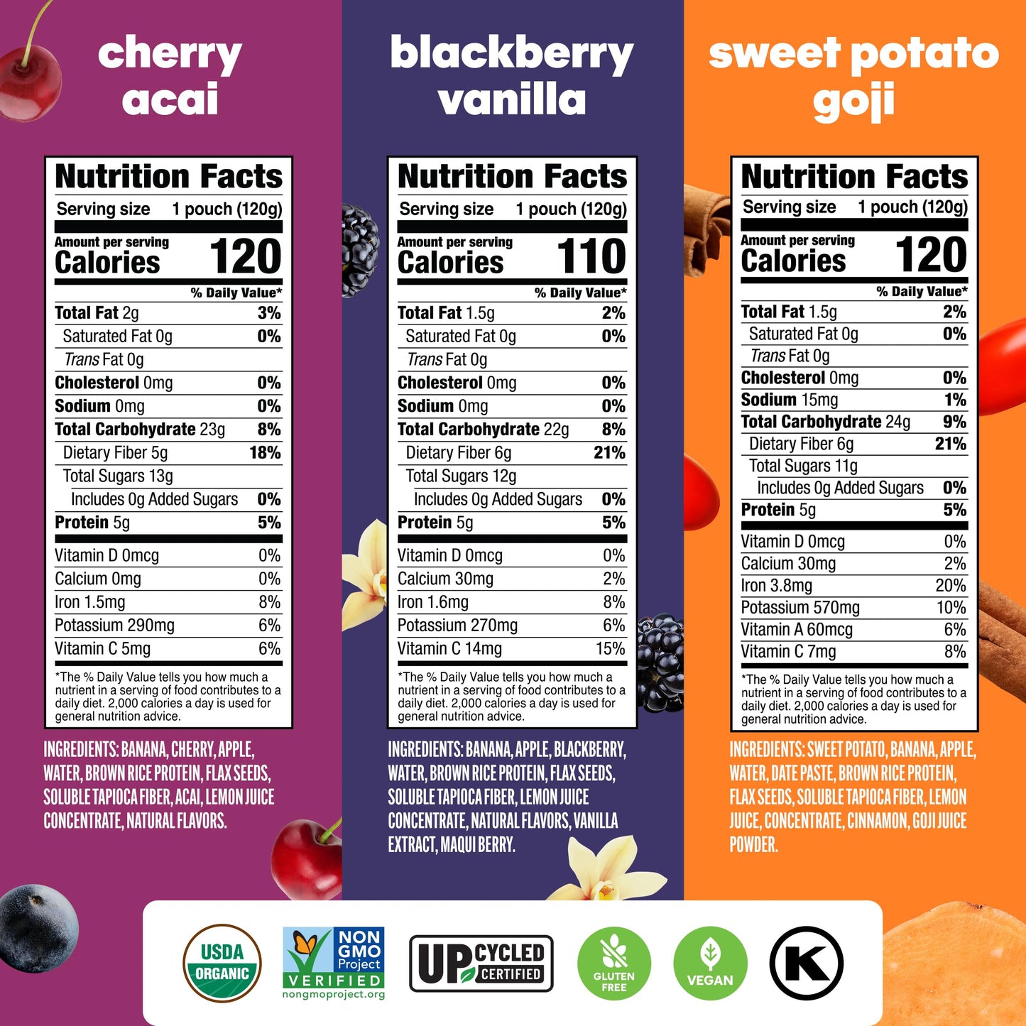 Noka Superfood Fruit Smoothie Pouches Variety Pack, Healthy Snacks with Flax Seed, Plant Protein and Prebiotic Fiber, Vegan and