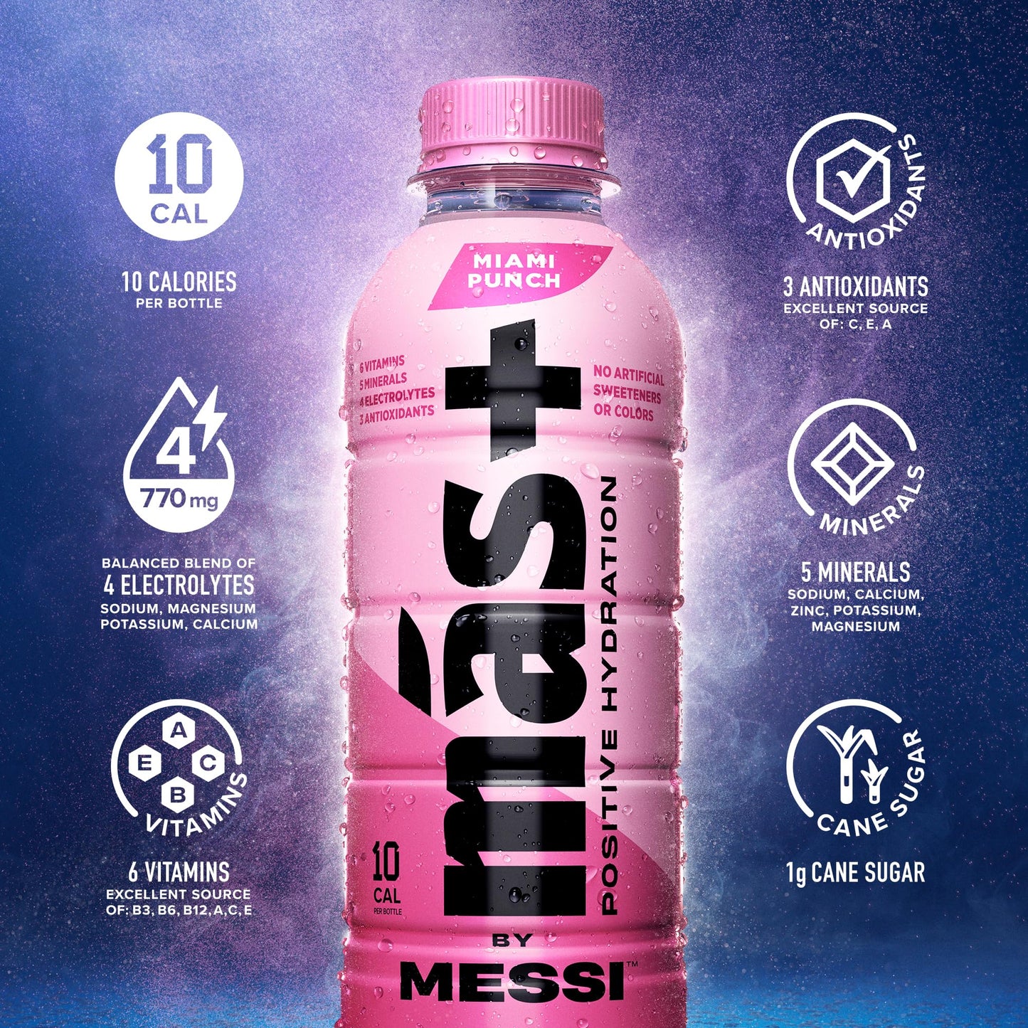 M  S+ By Messi 16.9Oz Miami Punch, Sports Drink & Hydration Beverage, Natural Flavors With Vitamins And Electrolytes, No Artific
