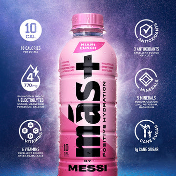 M  S+ By Messi 16.9Oz Miami Punch, Sports Drink & Hydration Beverage, Natural Flavors With Vitamins And Electrolytes, No Artific