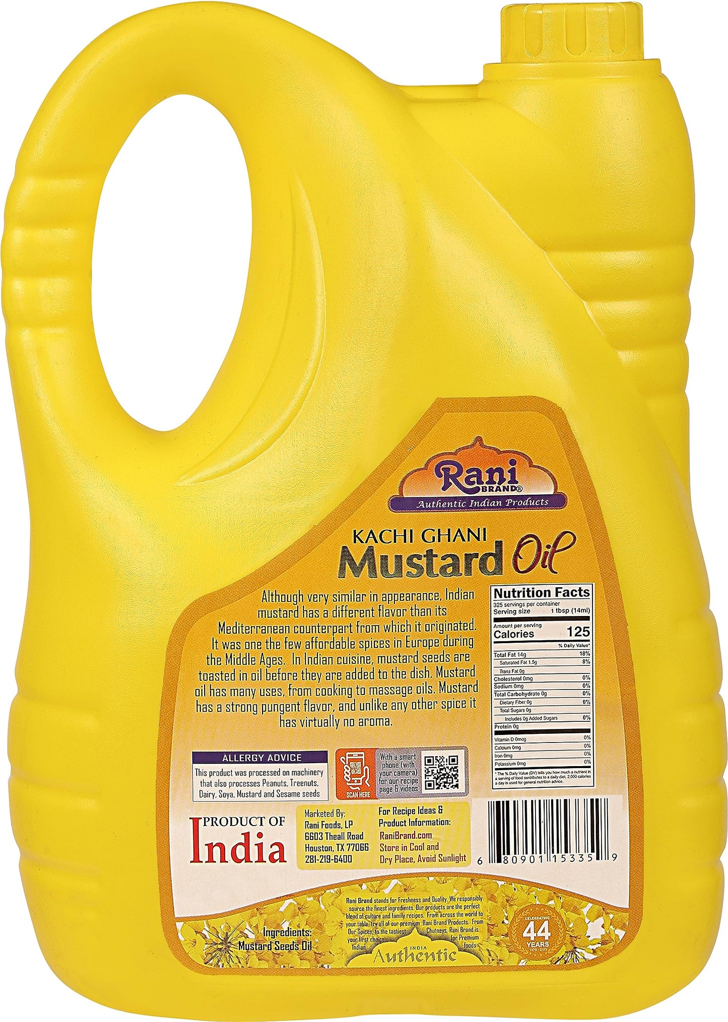 Rani Mustard Oil (Kachi Ghani) 169 Ounce (5 Liter) Pack Of 2, Non-Gmo | Gluten Free | Vegan | 100% Natural | Kosher