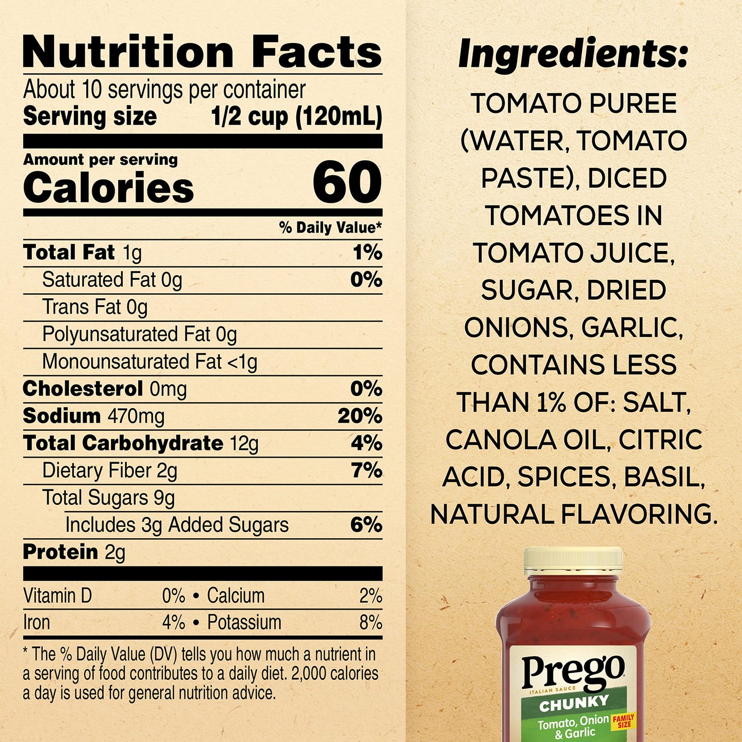 Prego Chunky Tomato with Garlic and Onion Pasta Sauce, 45 Oz Jar (Case of 6)